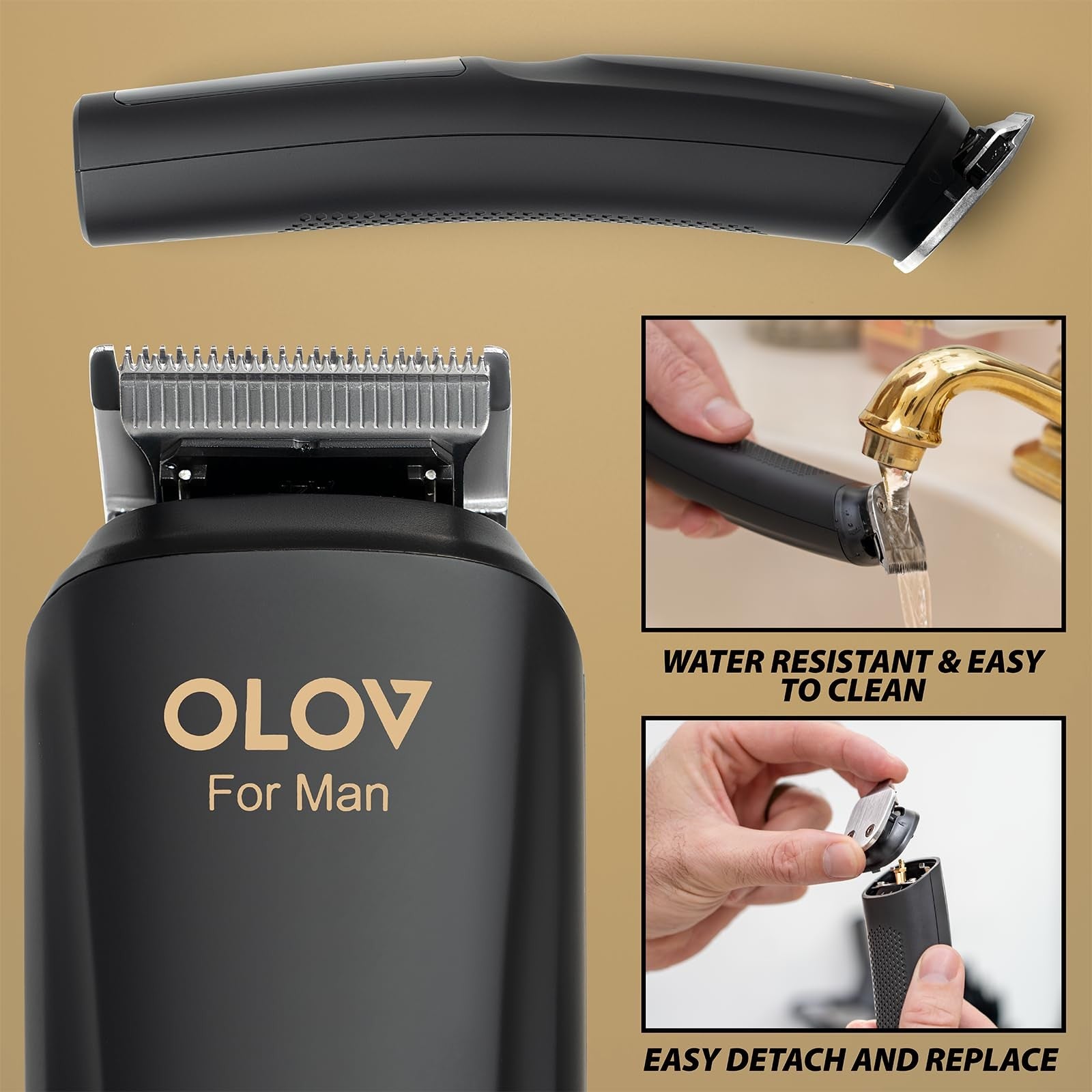 OLOV For Man beard trimmer and grooming kit with multiple attachments, hair clipper, and precision blades in a comprehensive men's grooming set.