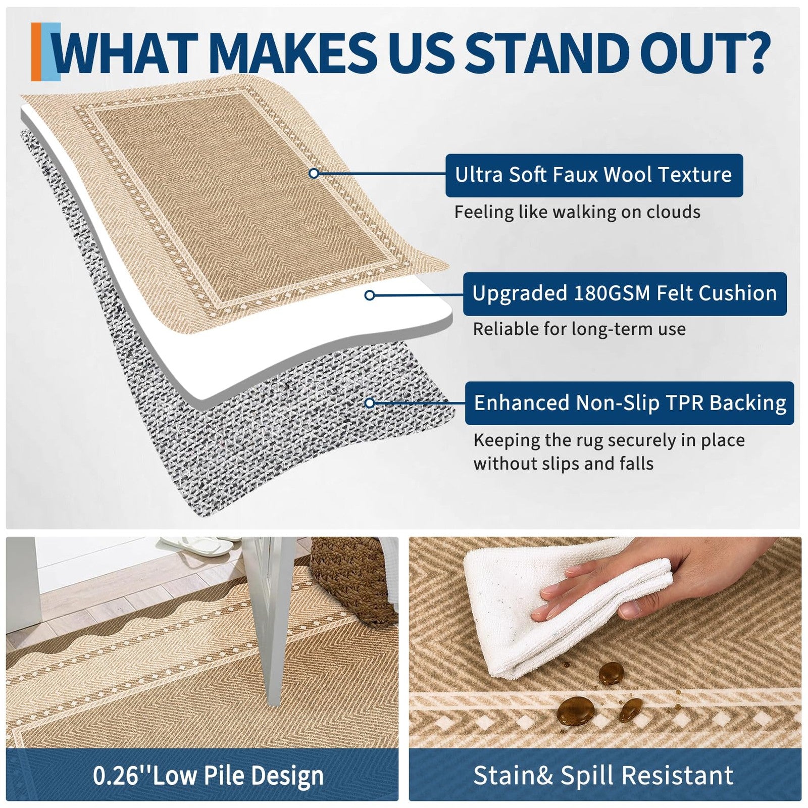 Garveehome washable 8x10 area rug with non-slip backing, large solid design, ideal for living room flooring.