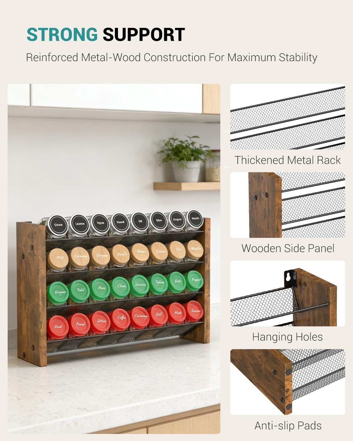NESAPTO wooden 4-tier spice rack organizer mounted on kitchen wall, showing spice jars and kitchen pantry setup.