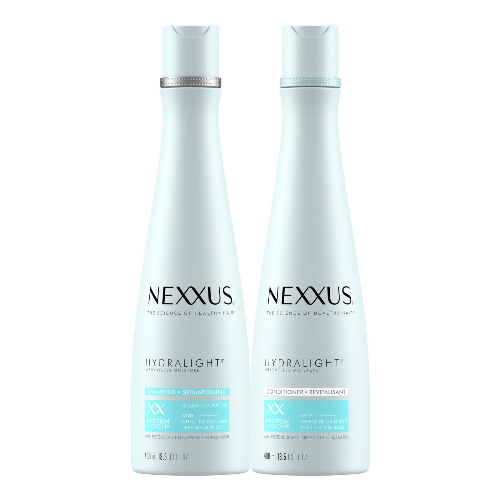 Nexxus Hydra-Light shampoo and conditioner bottles for oily hair, part of Nexxus hair care system, displayed side by side.