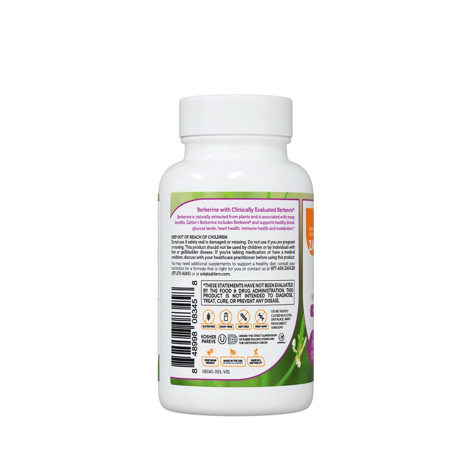 Zahler Berberine supplement bottle with label showing Clinically Evaluated Berbevis, designed to support metabolism and glucose levels.