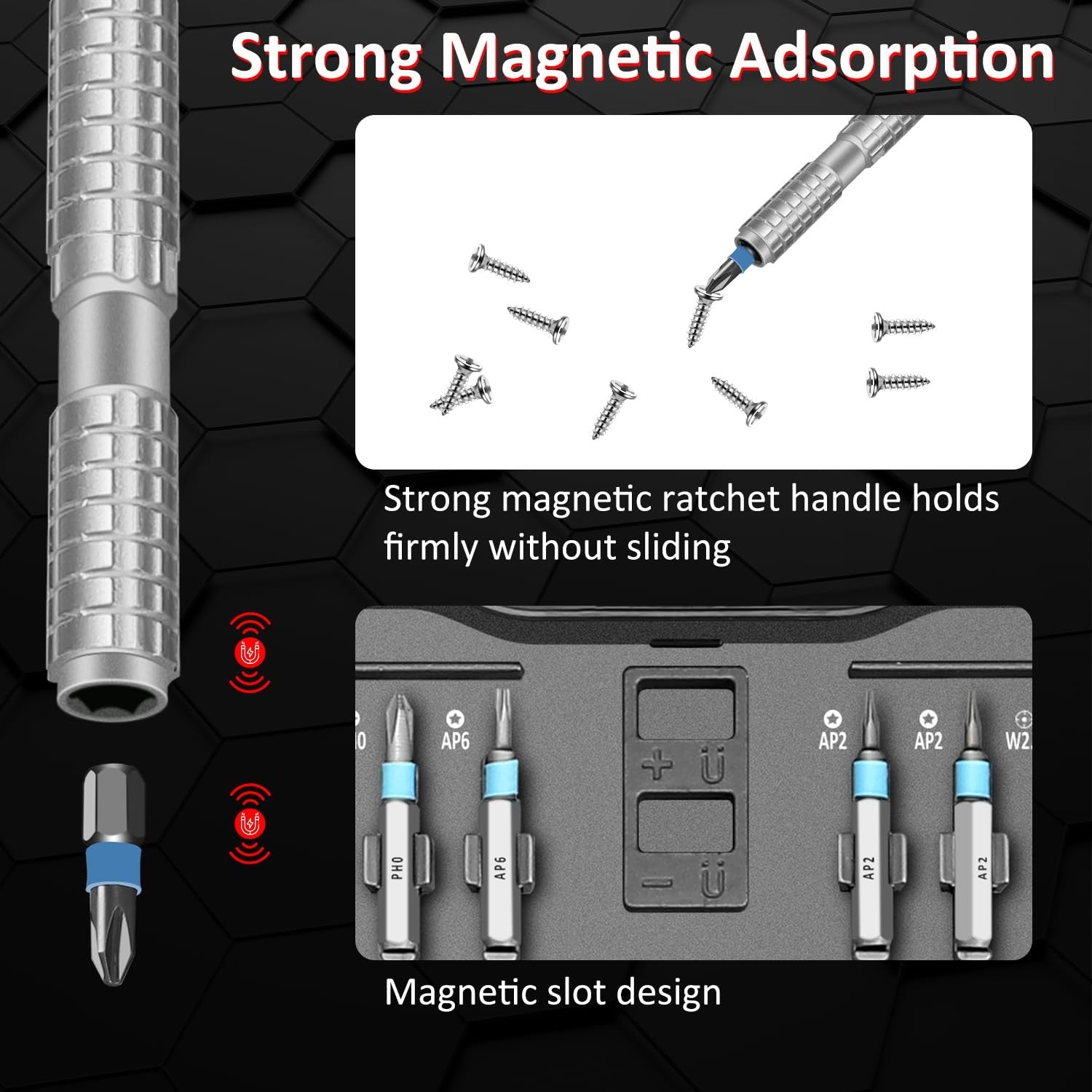 JENABOM 66-in-1 magnetic screwdriver set with various bits, ratchet handle, and durable construction for DIY and repair tasks.