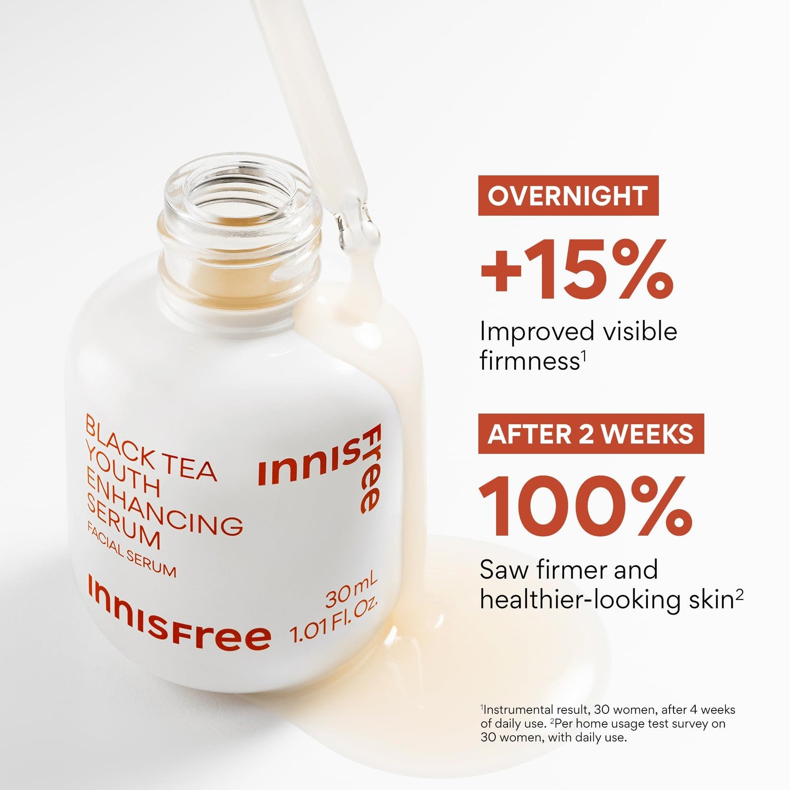 Innisfree Black Tea Youth Serum bottle with label, Korean anti-aging skincare product featuring Niacinamide and black tea extract.