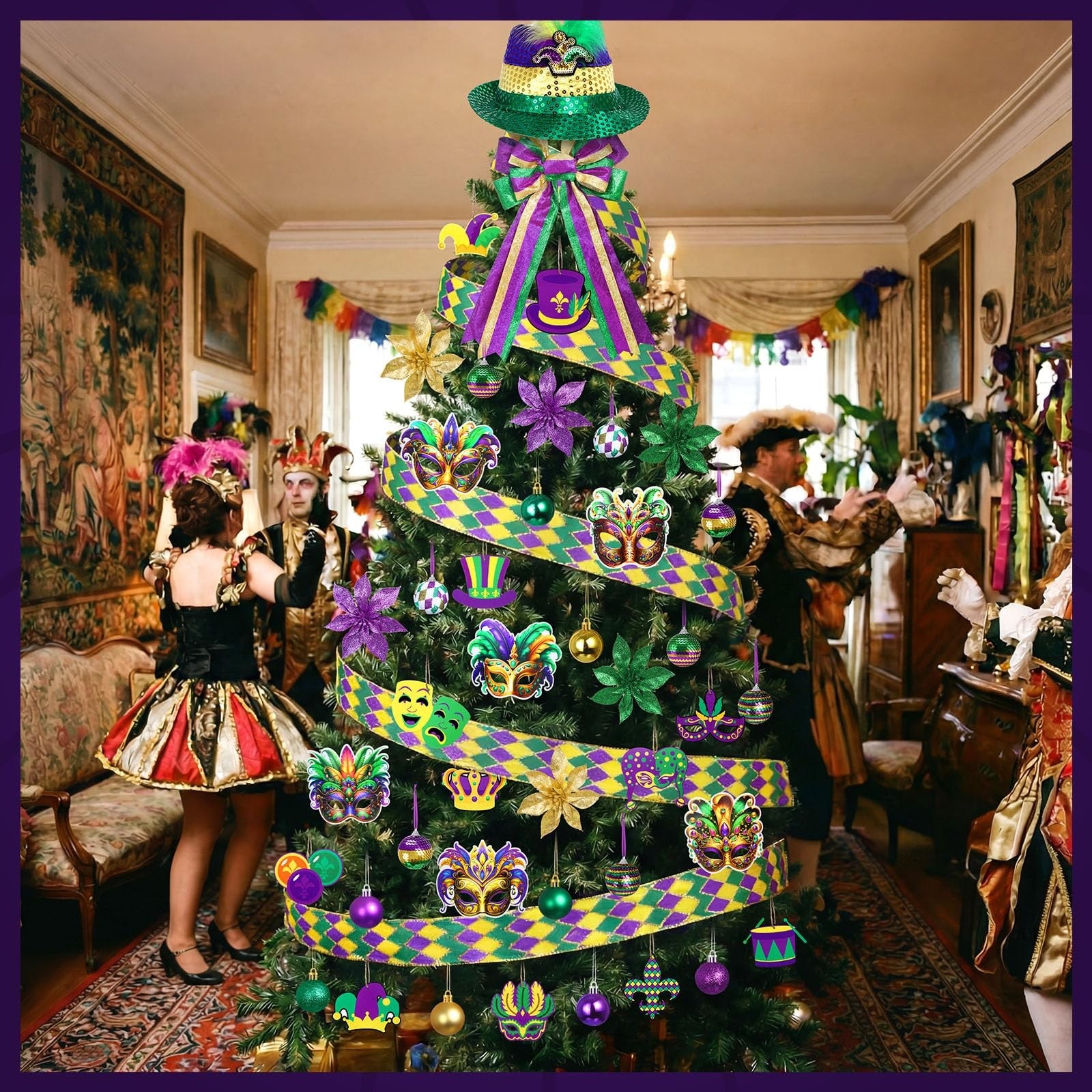 Halfchet 43-piece Mardi Gras themed tree decoration set with hanging ornaments and festive designs for celebration decor.
