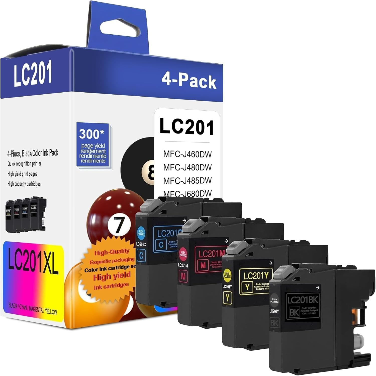 FADFAWN LC201 color ink cartridge 4-pack with black, cyan, magenta, and yellow ink for Brother MFC-J460DW printer, displayed in a box