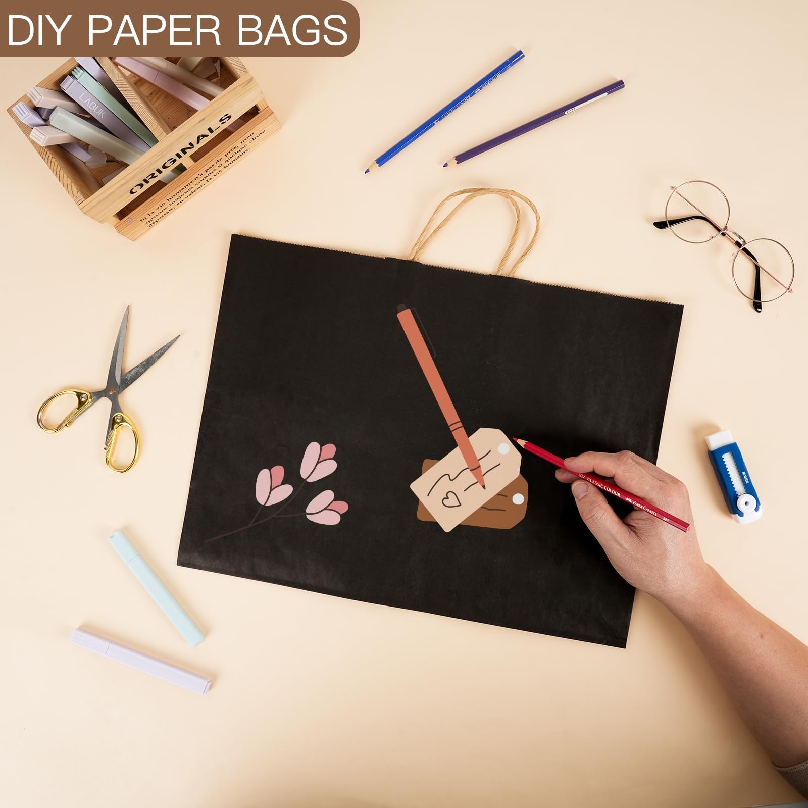 OUTUXED 60-pack black kraft paper gift bags with handles, 16x6x12 inches, suitable for shopping or gift wrapping.