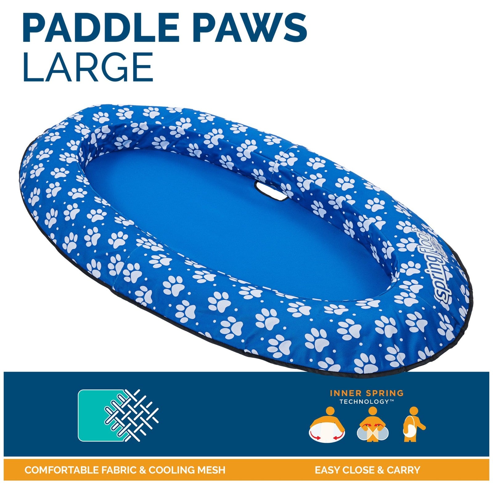 Large blue Swimways Paddle Paws spring float dog raft for dogs 65 lbs and up, featuring paw print design on durable float.