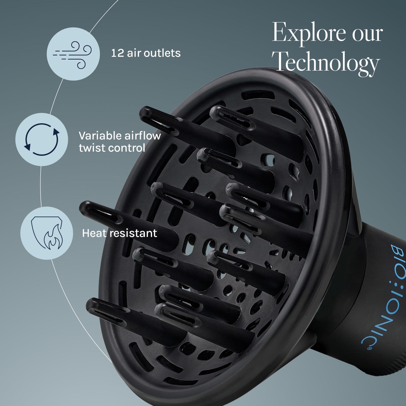 Bio Ionic universal diffuser attachment for fast-drying hair dryers, helps reduce frizz and enhance natural curls.