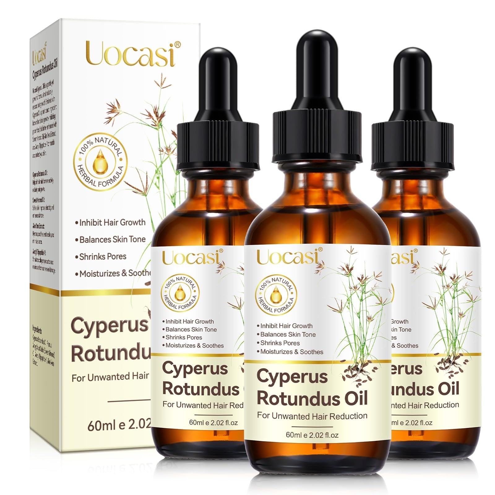 Uocasi Cyperus Rotundus Oil 3-pack, premium Cypress oil for natural hair removal and skin care.