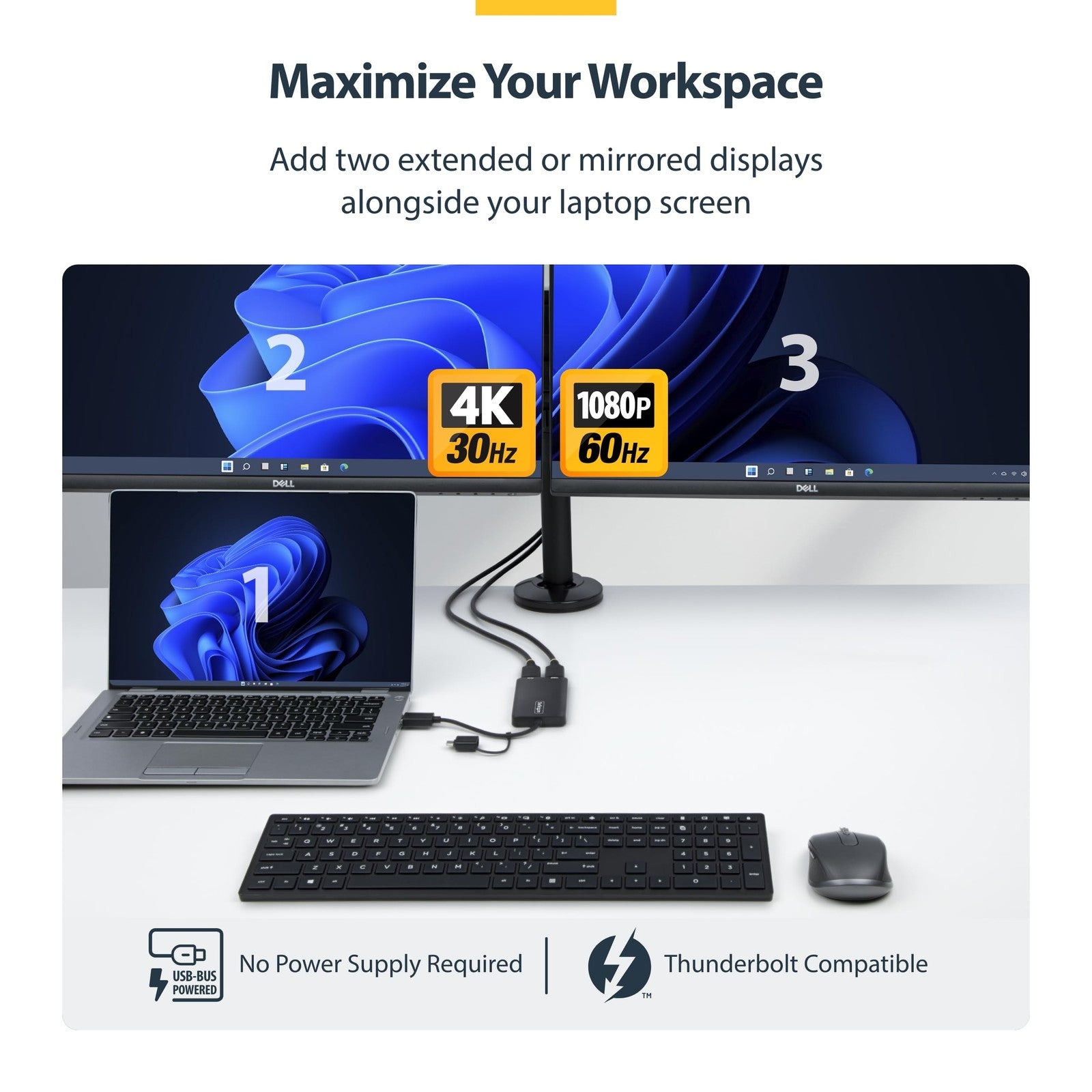 StarTech.com dual monitor adapter connected to MacBook showing dual screens with macOS and Windows interfaces