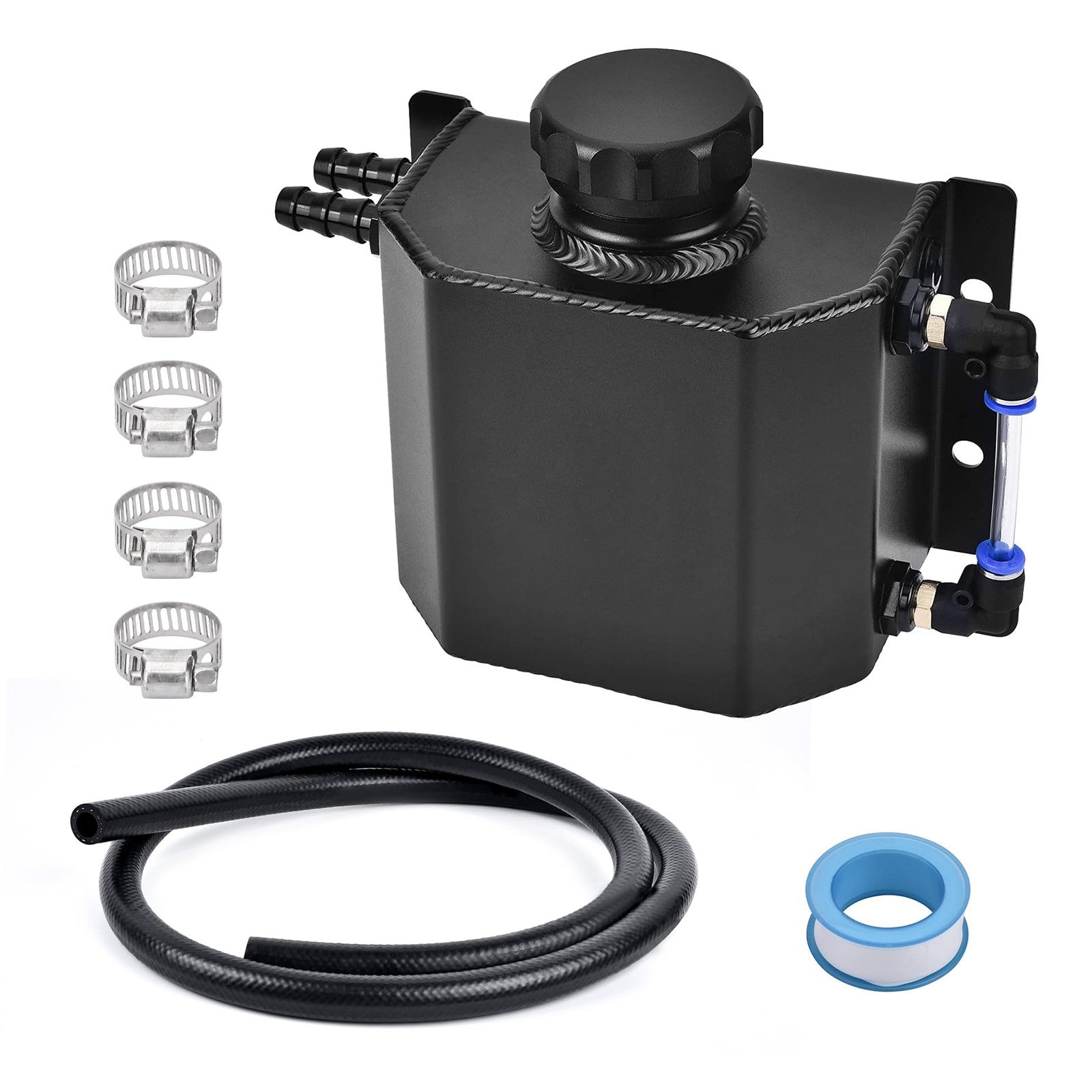 EVIL ENERGY aluminum coolant overflow tank with hose kit, car engine coolant reservoir, and mounting hardware visible in the image.