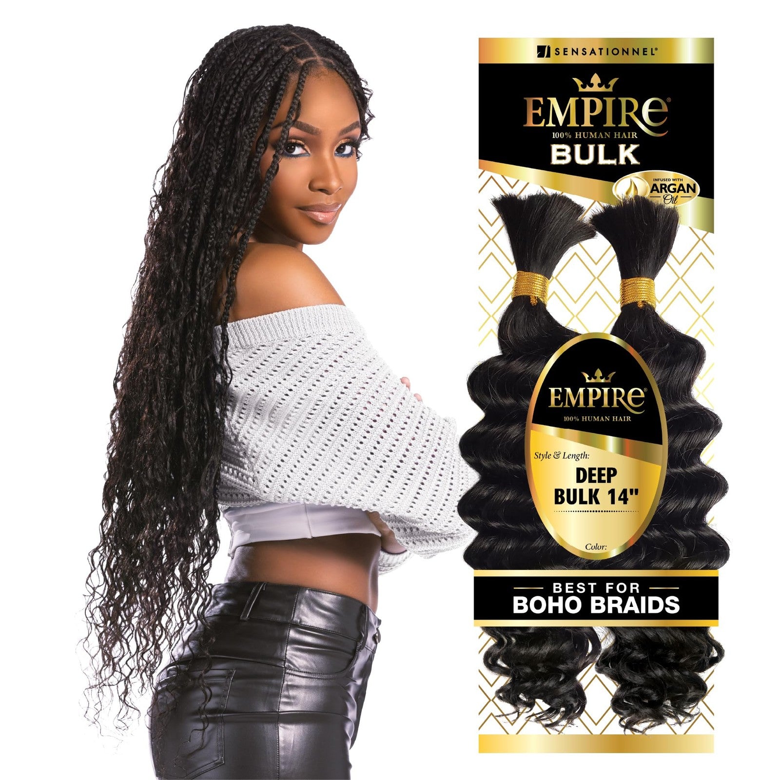 Sensational Empire Bulk Braiding human hair for knotless boho box braids, showcasing deep, textured braid strands.