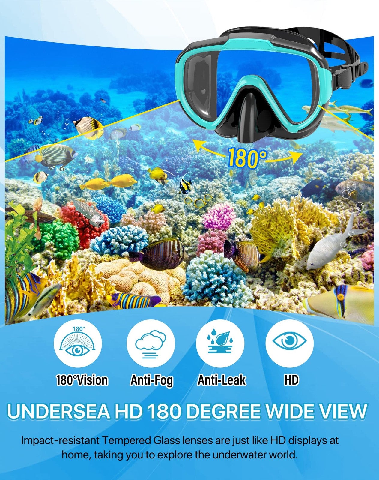 Ubekezele 4-in-1 snorkeling gear set for adults, includes snorkel, mask, fins, and waterproof case with panoramic view.