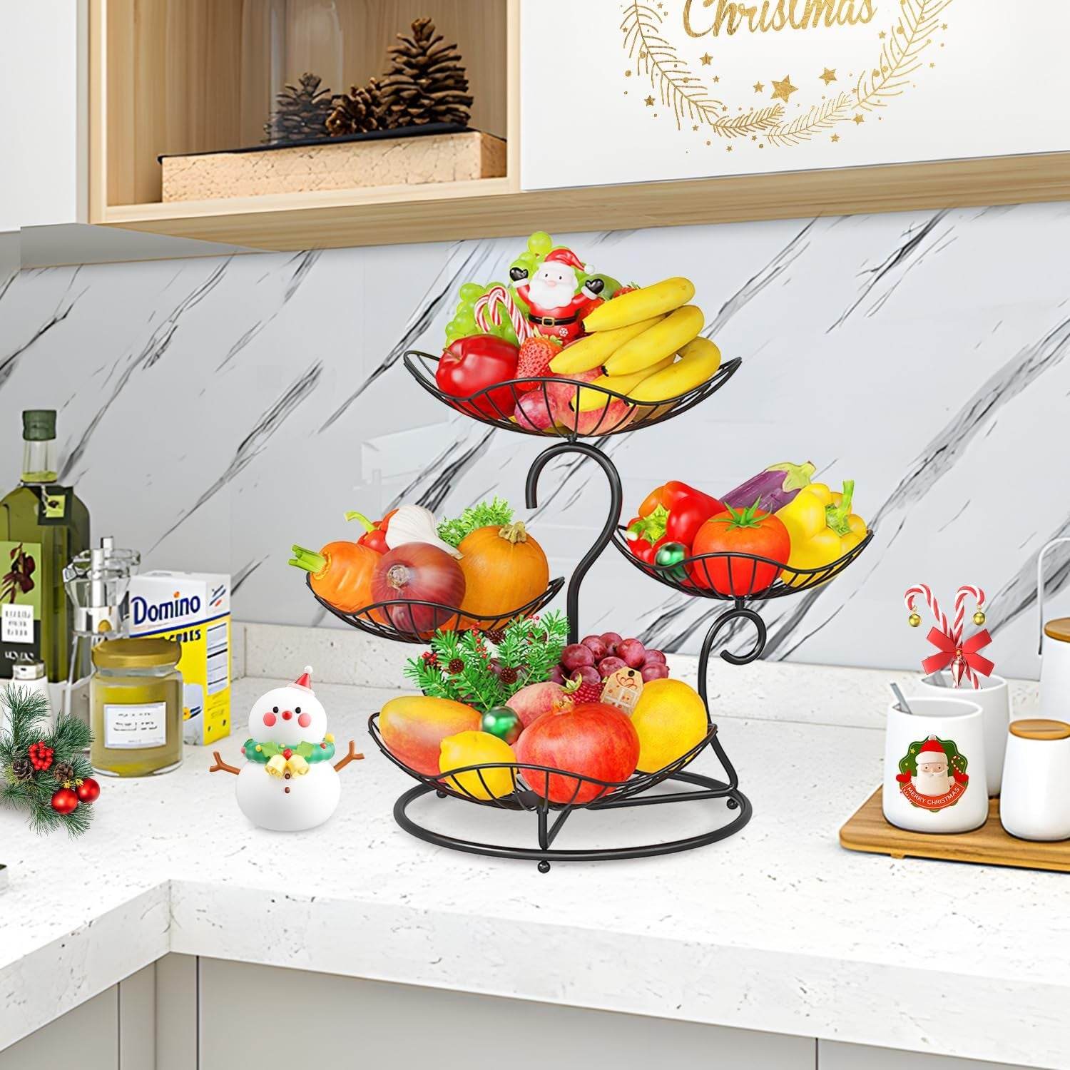 PouHenier.jh 4-tier black metal fruit basket stand with removable bowls for countertop use
