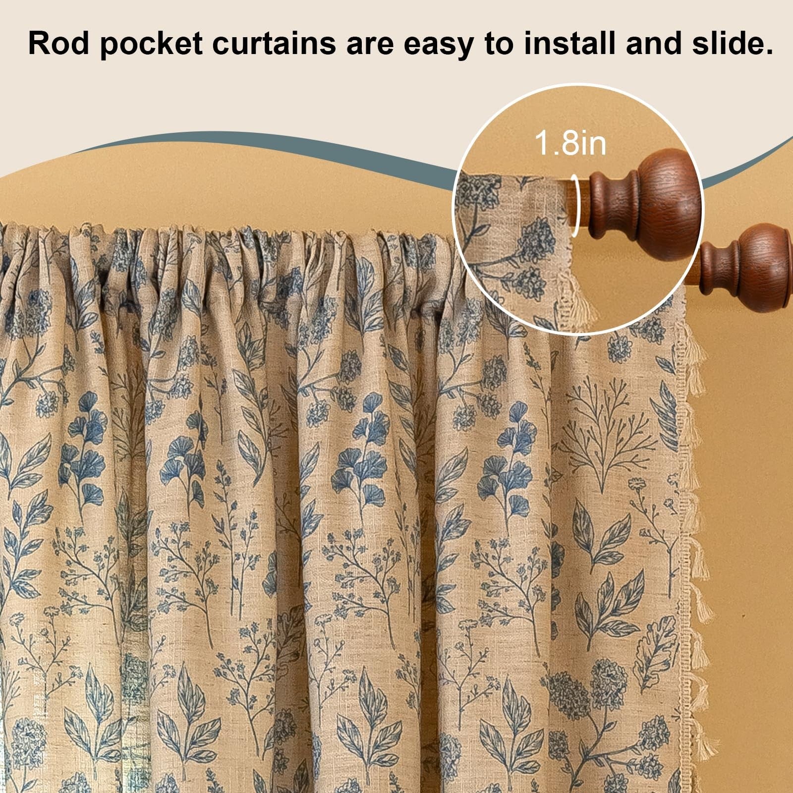 OYX blue floral light filtering boho curtains with 84-inch length, two panels for living room decor