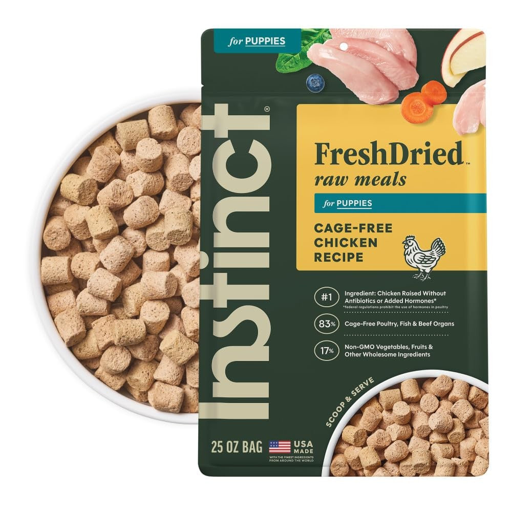 Instinct Puppy Freeze-Dried Dog Food with chicken, grain-free, featuring 3x more meat for puppies, shown in the image.