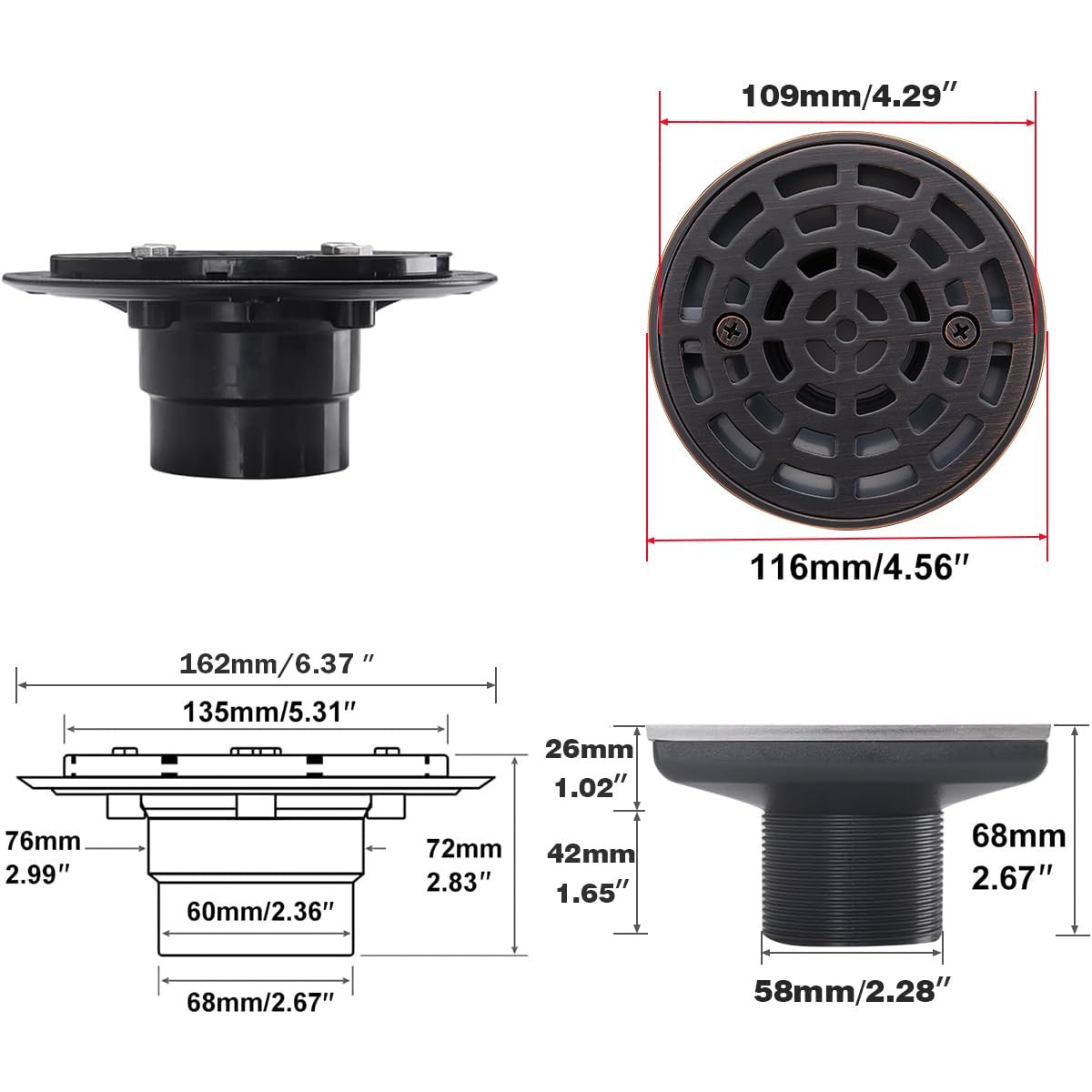Round shower drain made of SUS304 stainless steel with oil rubbed bronze finish, featuring a sleek and durable design.