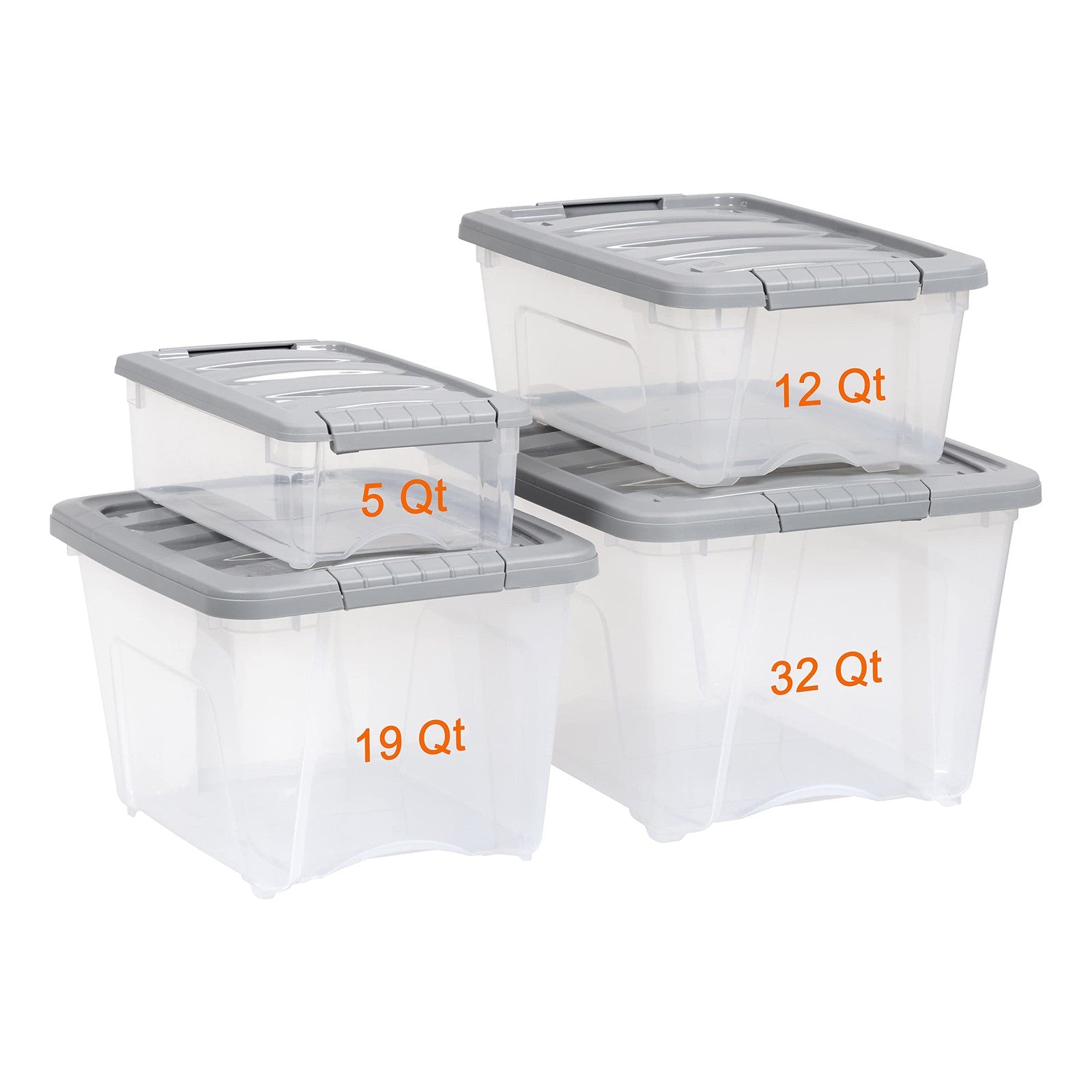 Stackable plastic storage containers with secure latching lids, ideal for organizing household or office items.