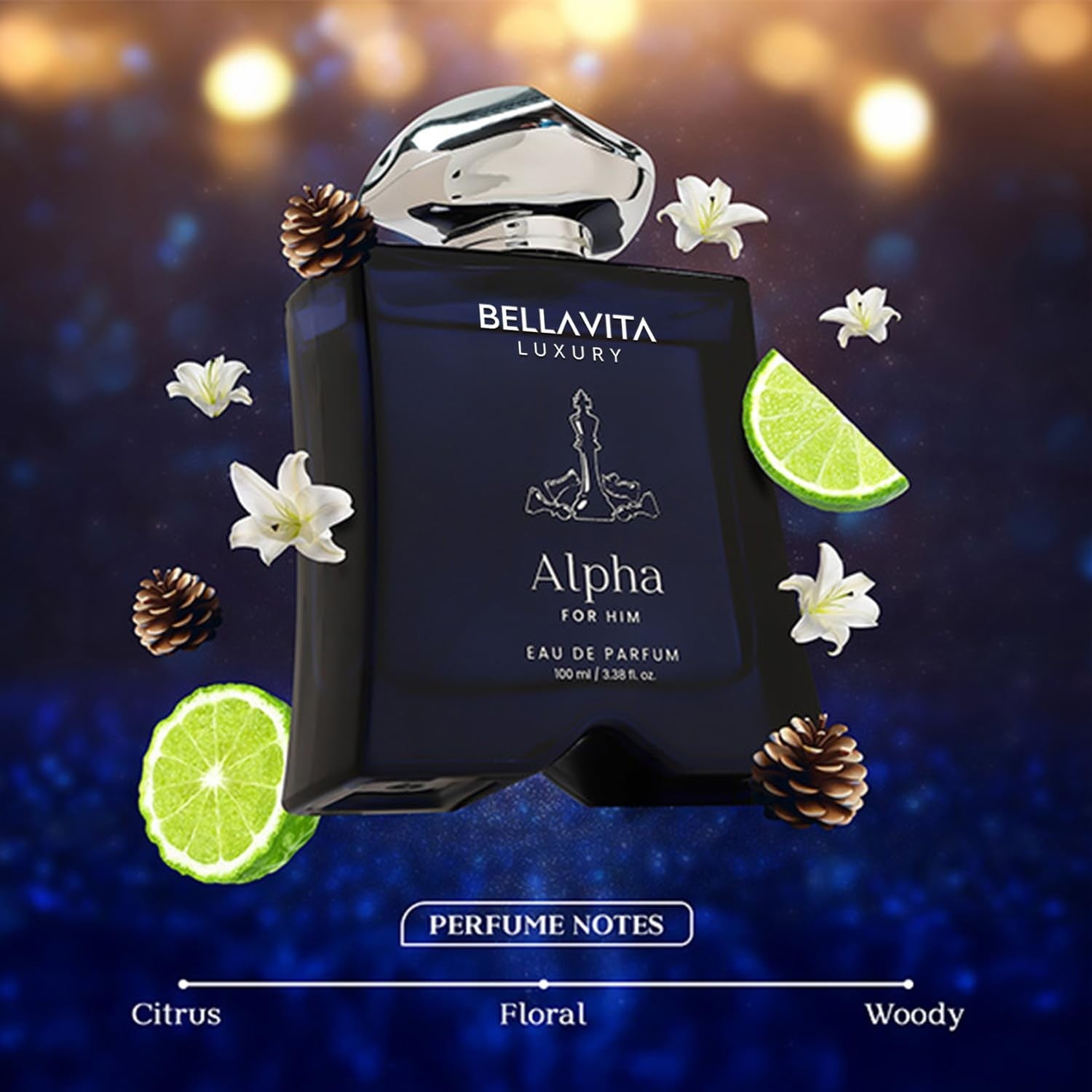 BELLAVITA Alpha Pheromone Inspire perfume bottle for men, 100ml, from the Luxury Mood Collection, with sleek design and elegant label.