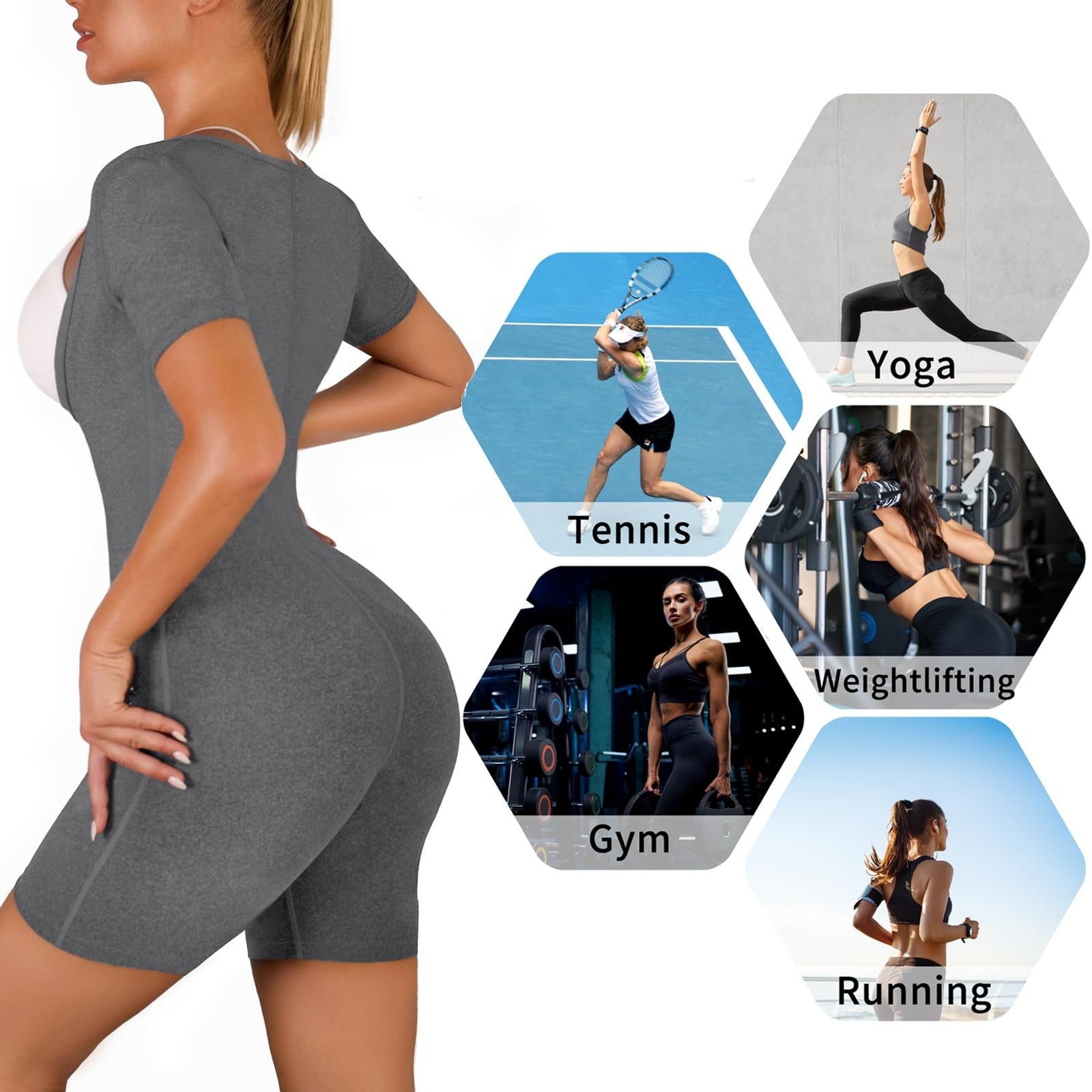 CEIUEO women sauna suit waist trainer and sweat jumpsuit, full-body design with adjustable straps, black fabric, and zipper closure.