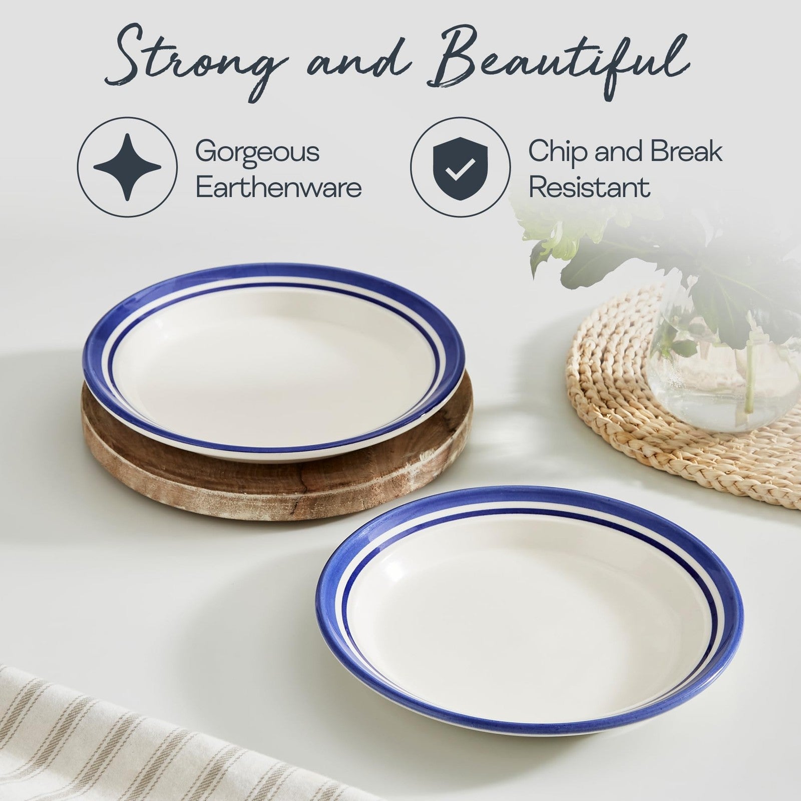 Set of four Portmeirion Potter's Stripe 8-inch salad plates with colorful striped earthenware design, stacked together.