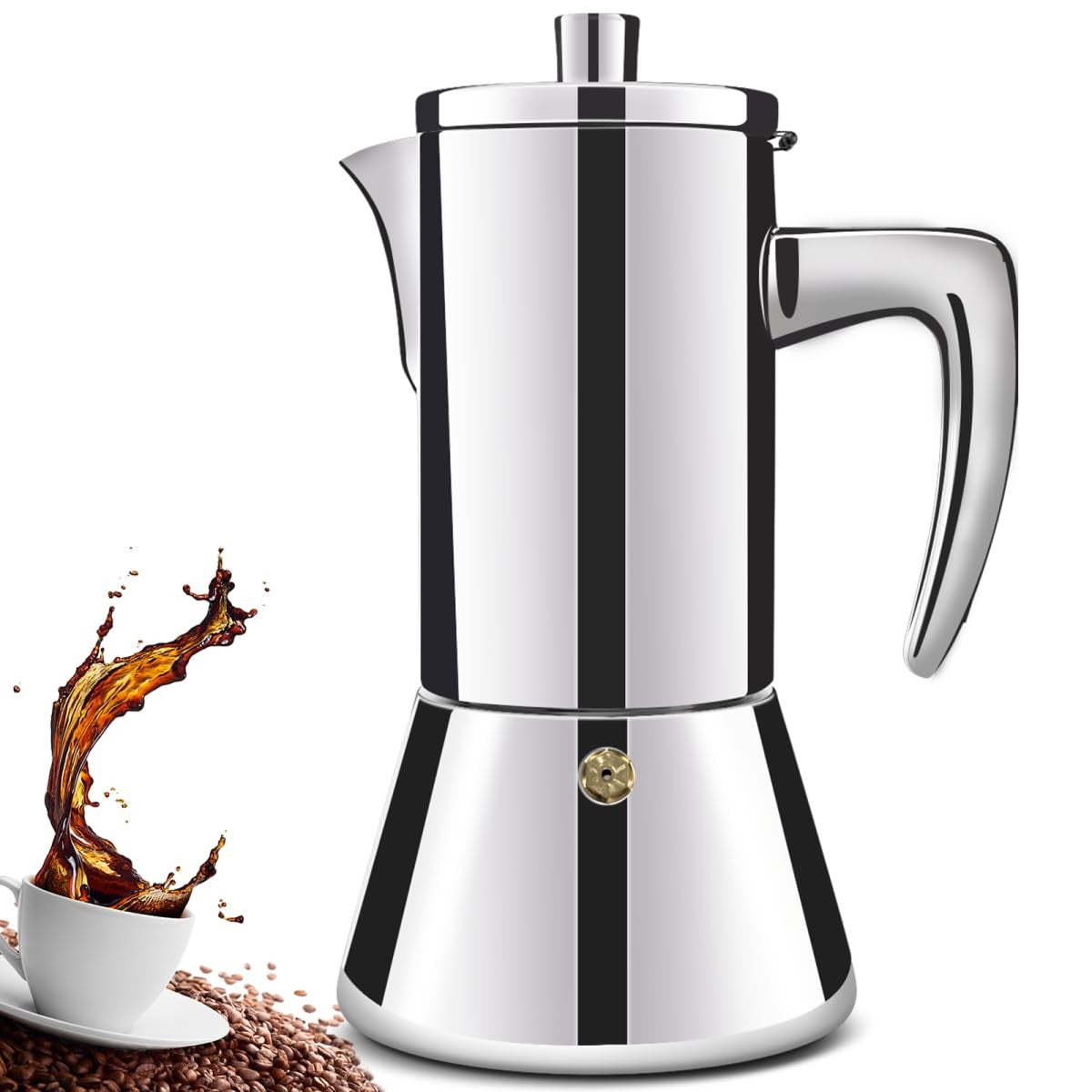 DITOSH 12-cup stainless steel moka pot on stovetop, featuring a classic stovetop espresso maker design and polished finish.