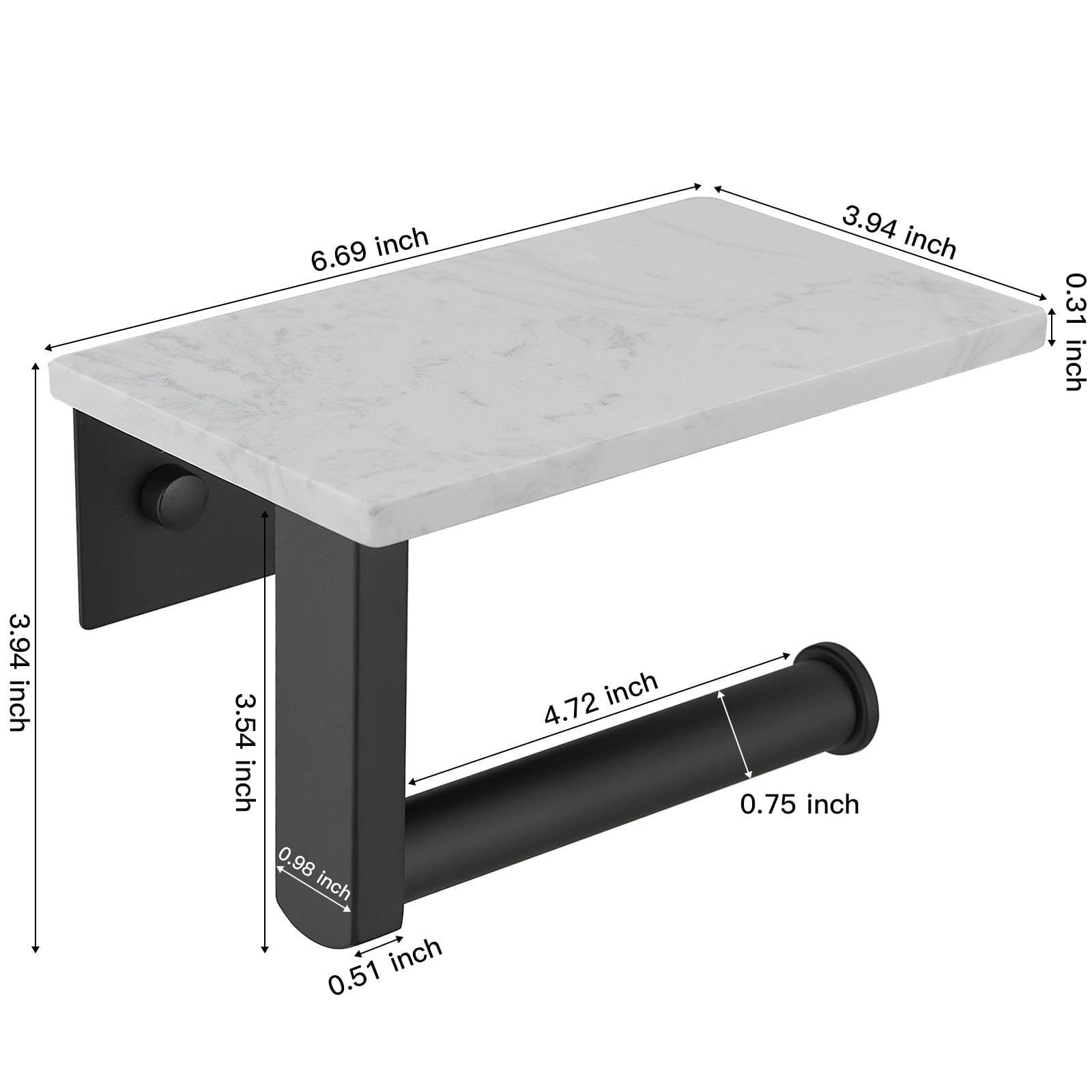 BWE marble toilet paper holder with shelf in matte black, wall-mounted stainless steel bathroom accessory, modern and stylish design