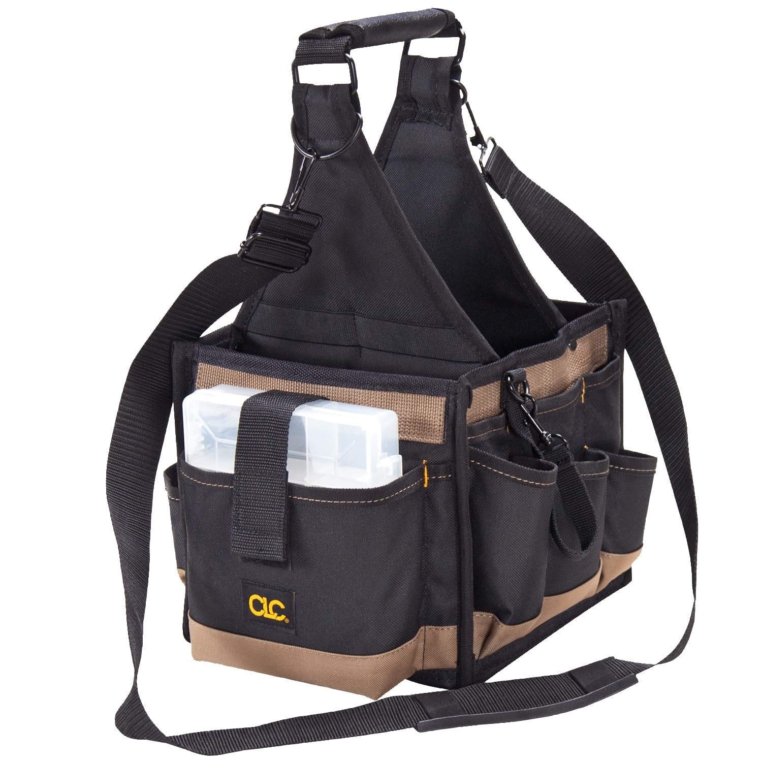 Custom Leathercraft 1526 electrical maintenance tool carrier with 25 pockets, made of durable leather for organizing tools.