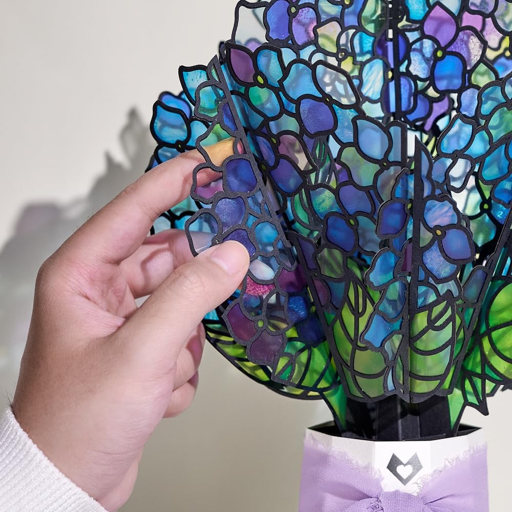 Lovepop birthday suncatcher bouquet featuring sunlit hydrangeas and birthday sentiment in intricate paper craft design.