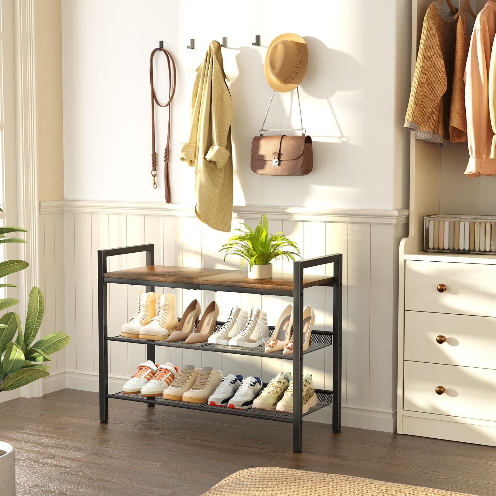 WIN4ALL 3-tier shoe rack for front door entryway, with organized shelves for shoes and footwear storage.