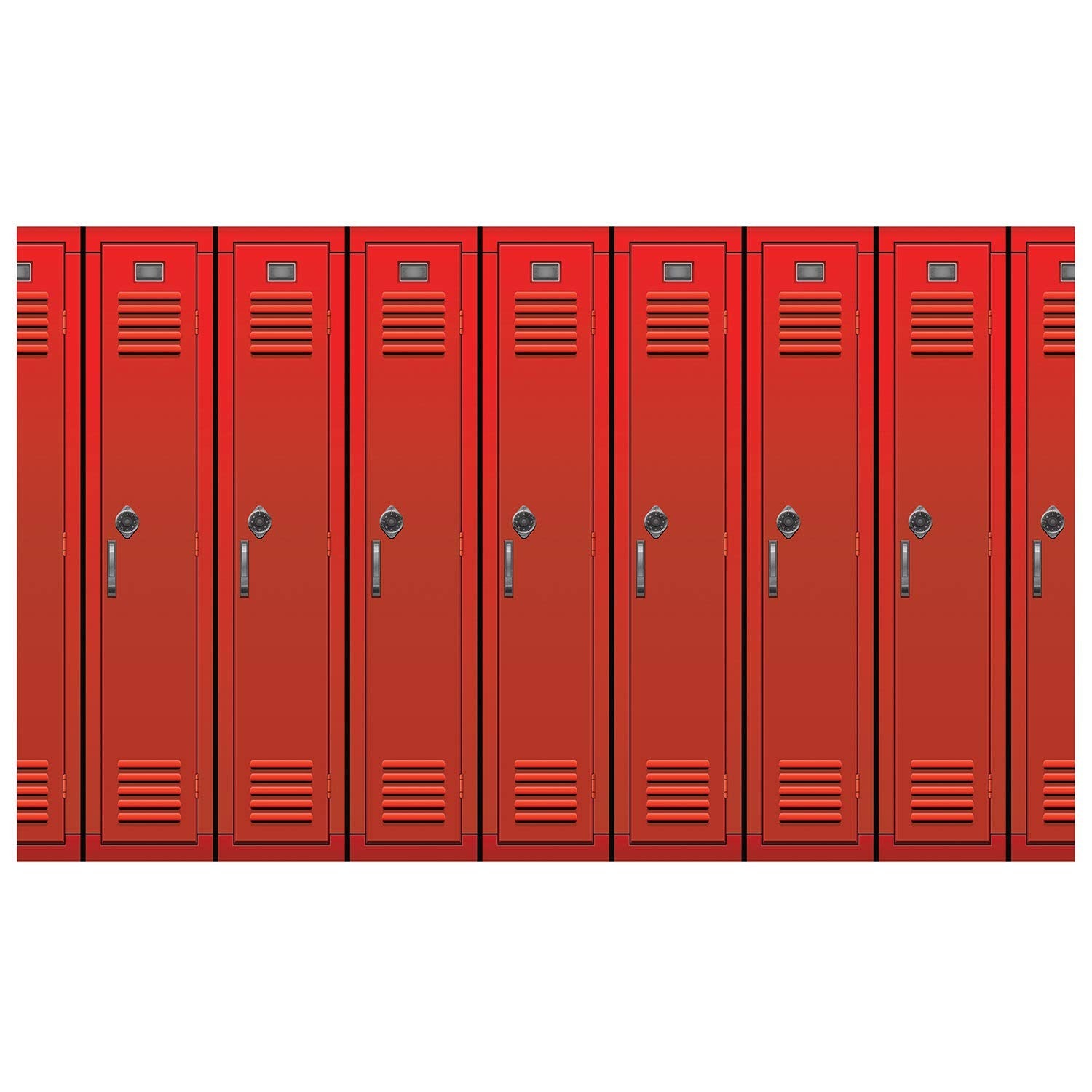 Red school lockers photo backdrop by Beistle, perfect for party decoration and selfie wall displays.