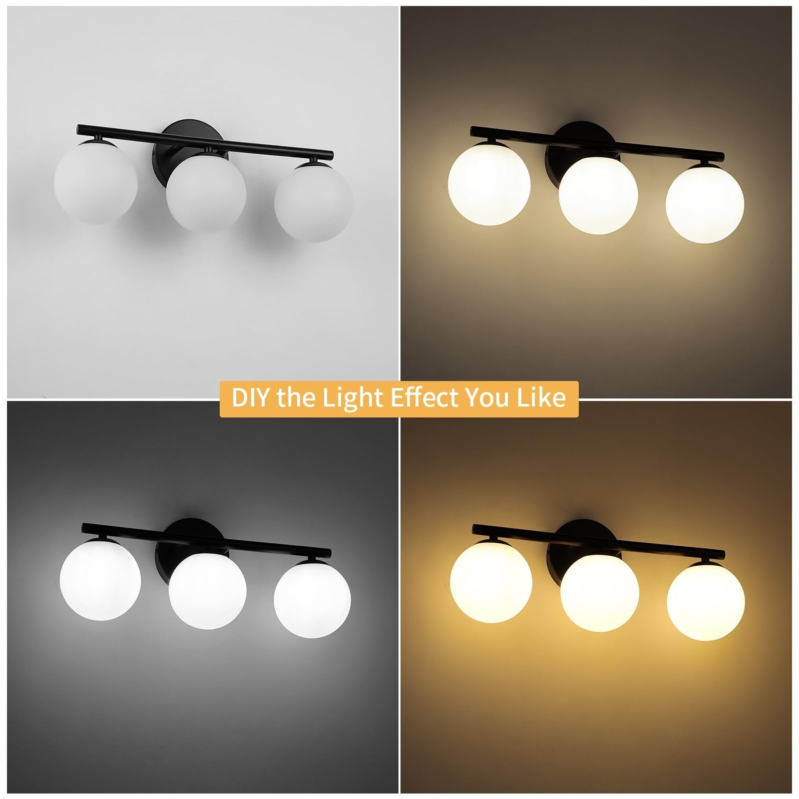 foucasal black globe bathroom vanity light fixture with three plastic-mount globe lights and modern design