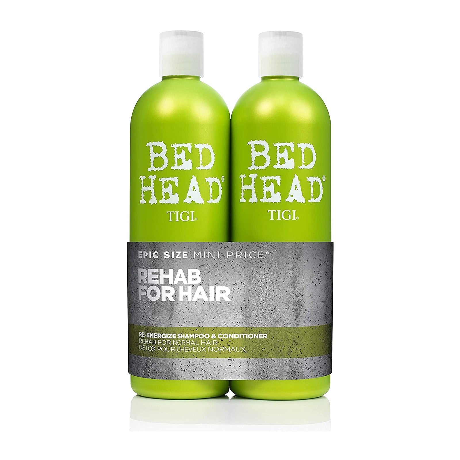 TIGI Bed Head Re-Energize Shampoo and Conditioner set, 2 bottles of 750ml each, with vibrant packaging and product labels.