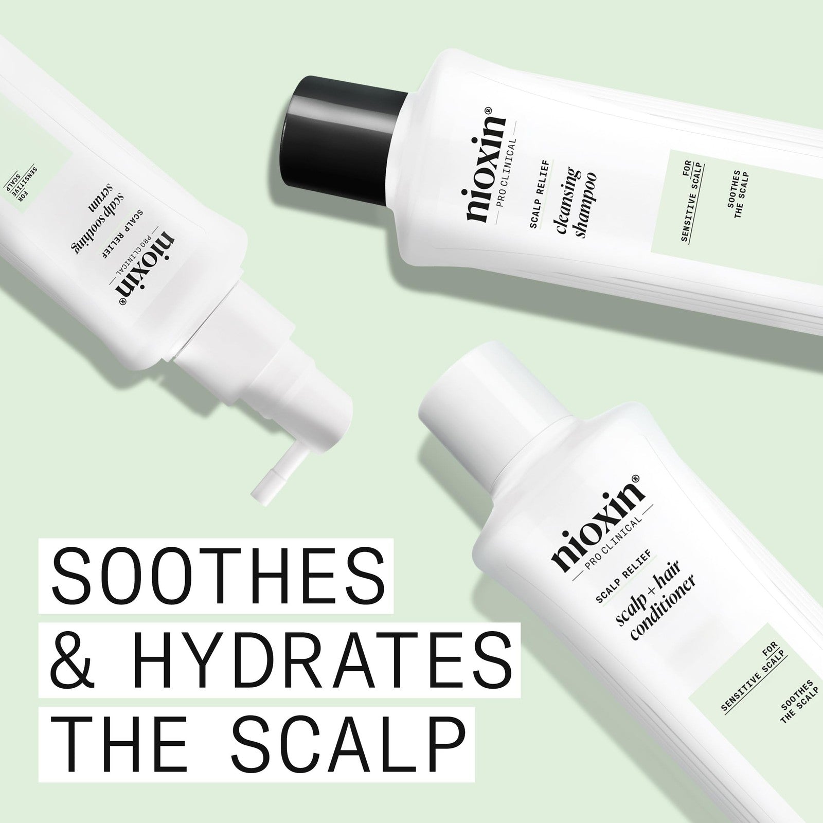NIOXIN Scalp Relief soothing serum for sensitive scalps, with a dropper applicator and clear liquid in a white bottle