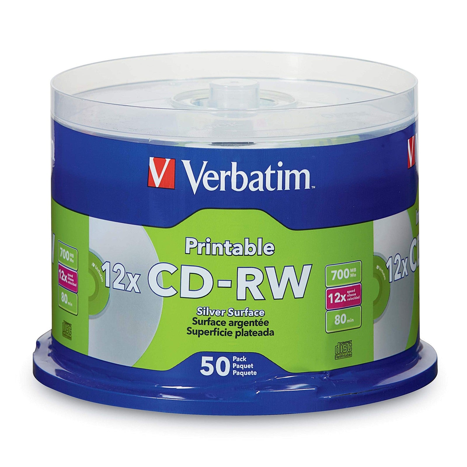 Verbatim CD-RW 700MB data disc with silver inkjet printable surface and branded hub, designed for rewritable data storage.