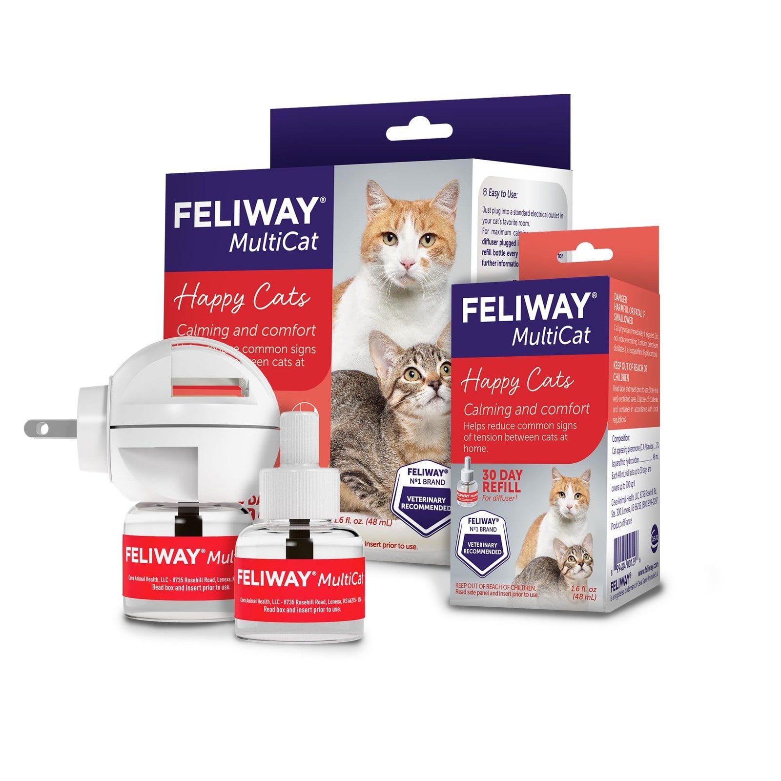 FELIWAY MultiCat calming pheromone diffuser with two refills and diffuser unit, designed to reduce stress in multi-cat households.