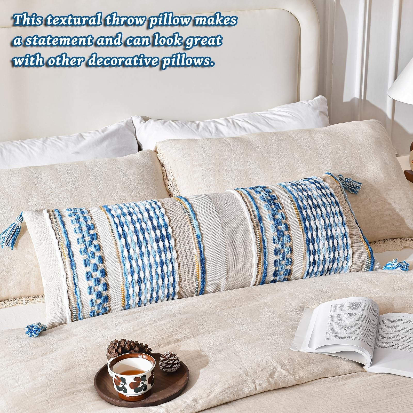 AmHoo chenille striped textured boho throw pillow cover with tassels, featuring cozy woven fabric and decorative design.