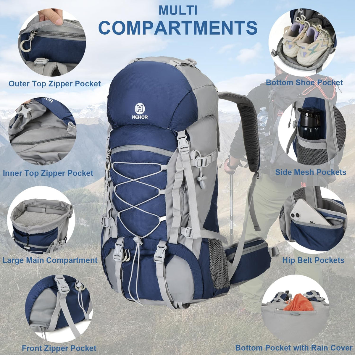 Nehor 60L water-resistant hiking backpack with rain cover, large camping backpack designed for outdoor adventures.