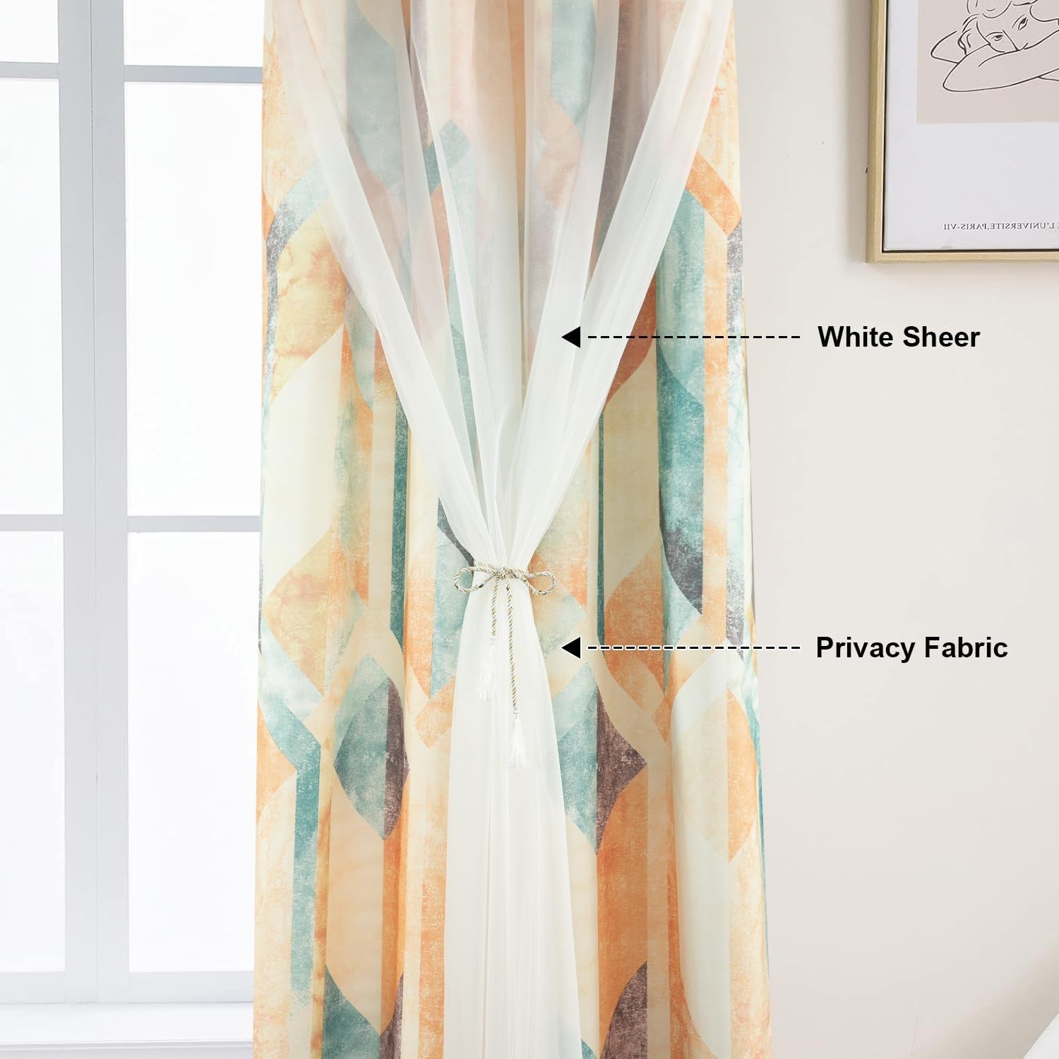 Leeva short double-layered linen textured curtains with geometric print, providing stylish privacy for windows.