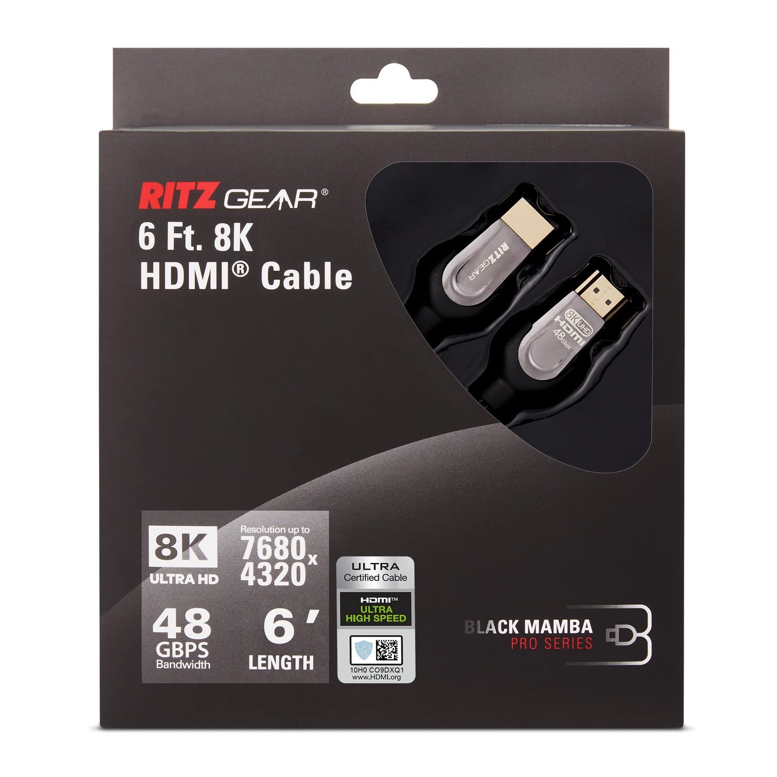 Ritz Gear 8K HDMI 2.1 cable, 6 ft., braided nylon design, ultra high speed 48 Gbps, durable and flexible for high-quality video transfer.