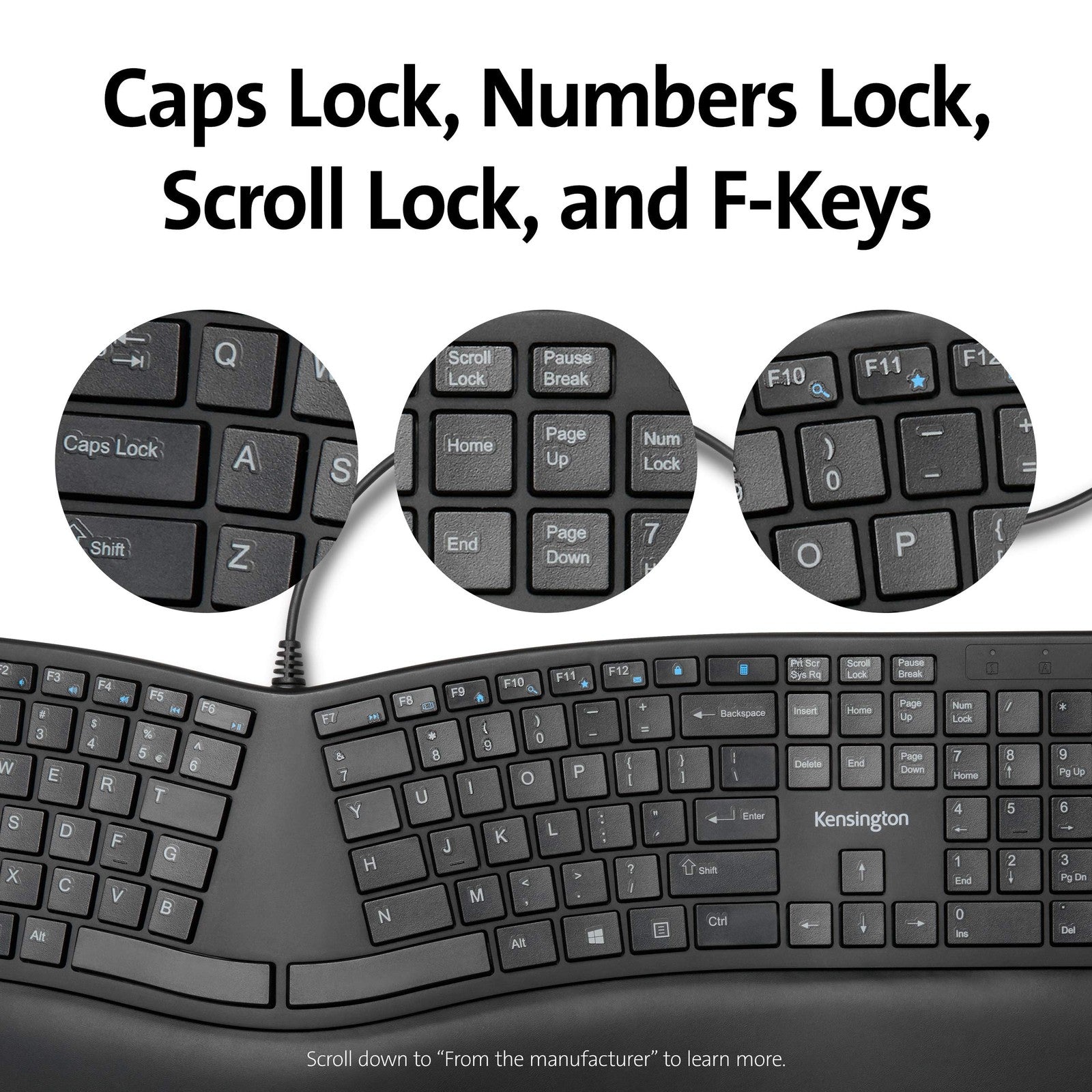 Kensington Pro Fit ergonomic wired keyboard in black with key layout and full-size design, ideal for comfortable typing.