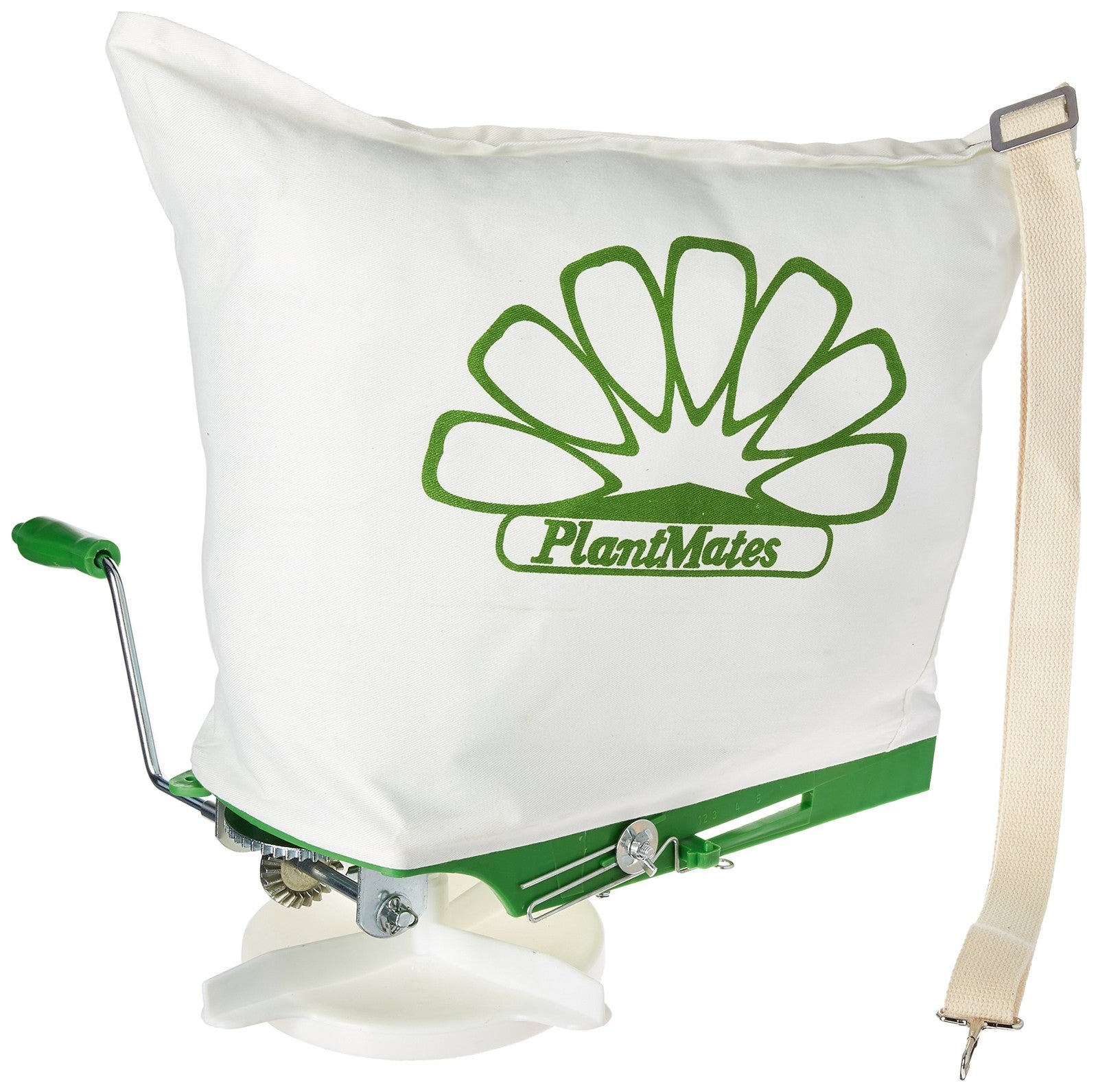 Seed world Plantmates 76300 broadcast spreader with 25-capacity and canvas bag, showing the sturdy spreader in use.