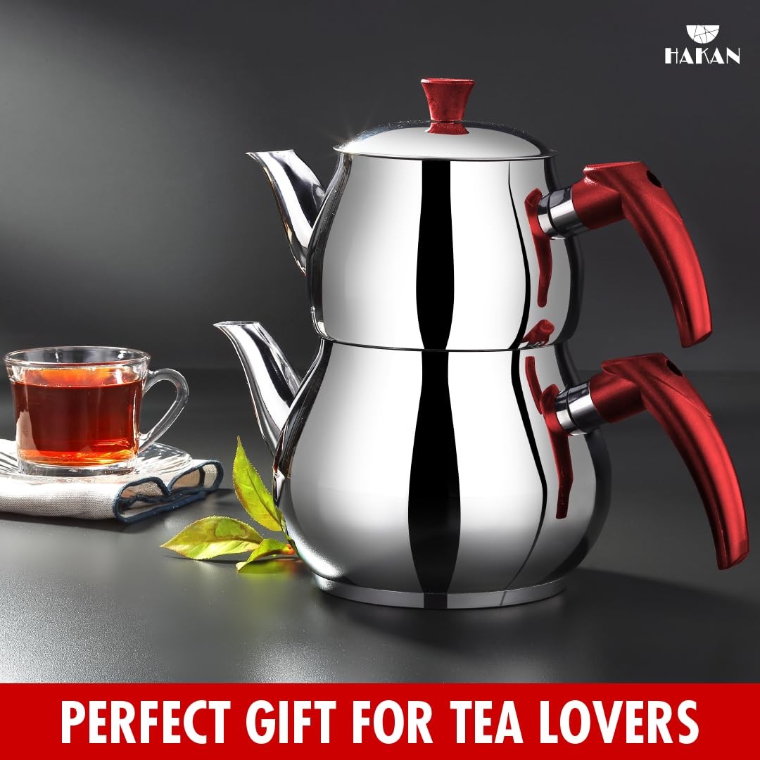 Hakan 93 oz stainless steel teapot set with double lids and self-strainer, featuring a sleek, modern design.
