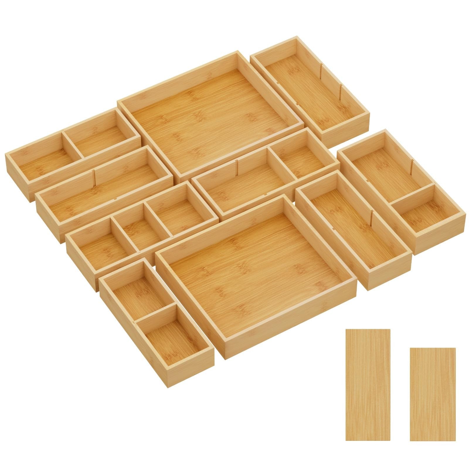 Lifewit drawer organizers 10-pack with 22-grid adjustable bamboo inserts for office or kitchen storage, neatly arranged in a drawer.
