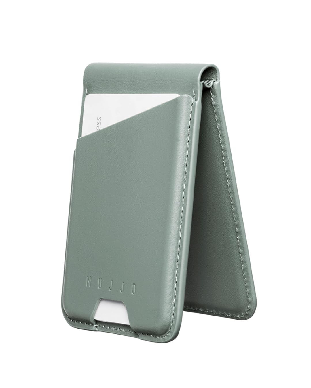 Mujjo Monaco Blue leather wallet stand compatible with MagSafe, shown open with card slots and sleek design.