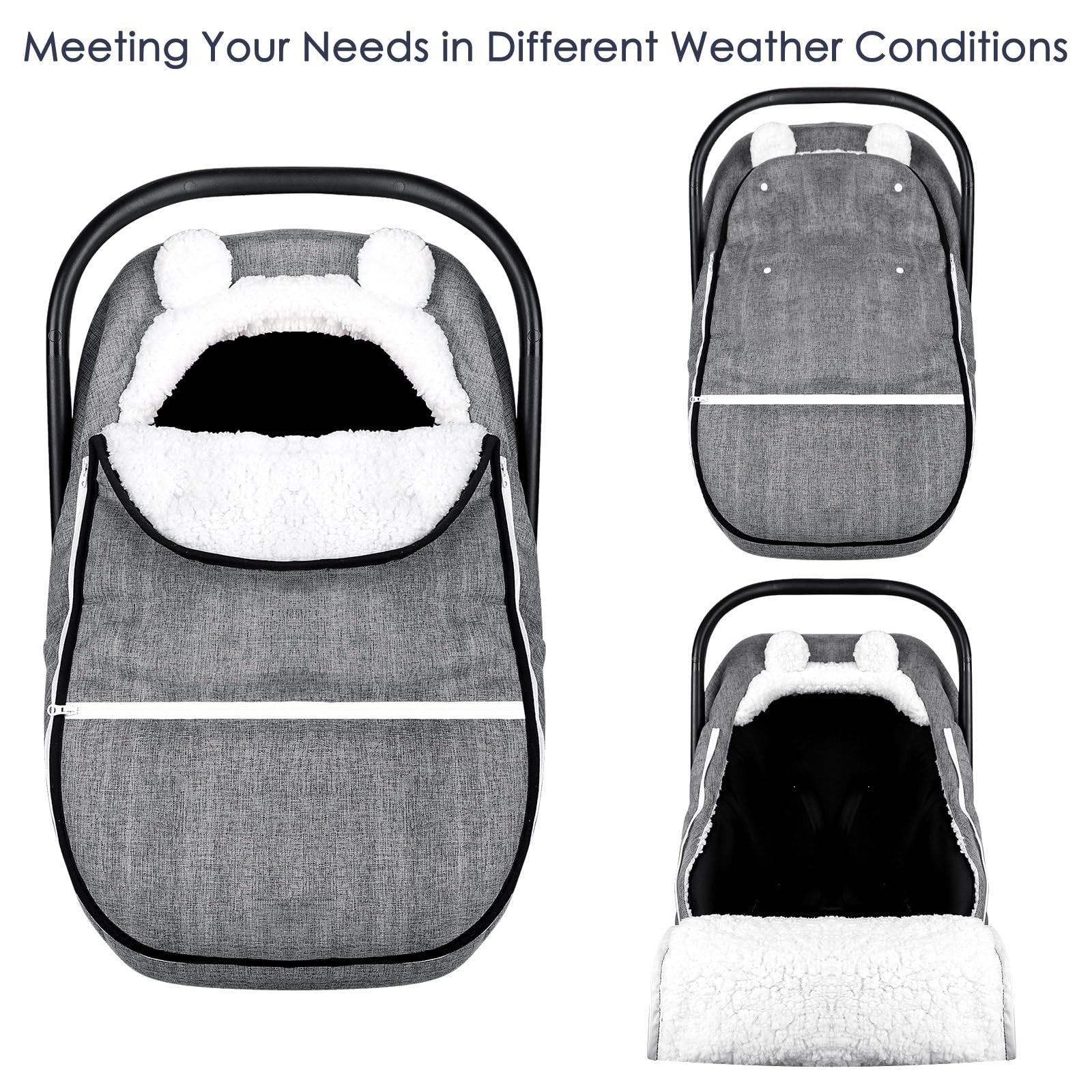 CARUILI winter carseat cover for baby girls and boys, plush, super warm, and windproof, shown on a car seat interior with cozy fabric.