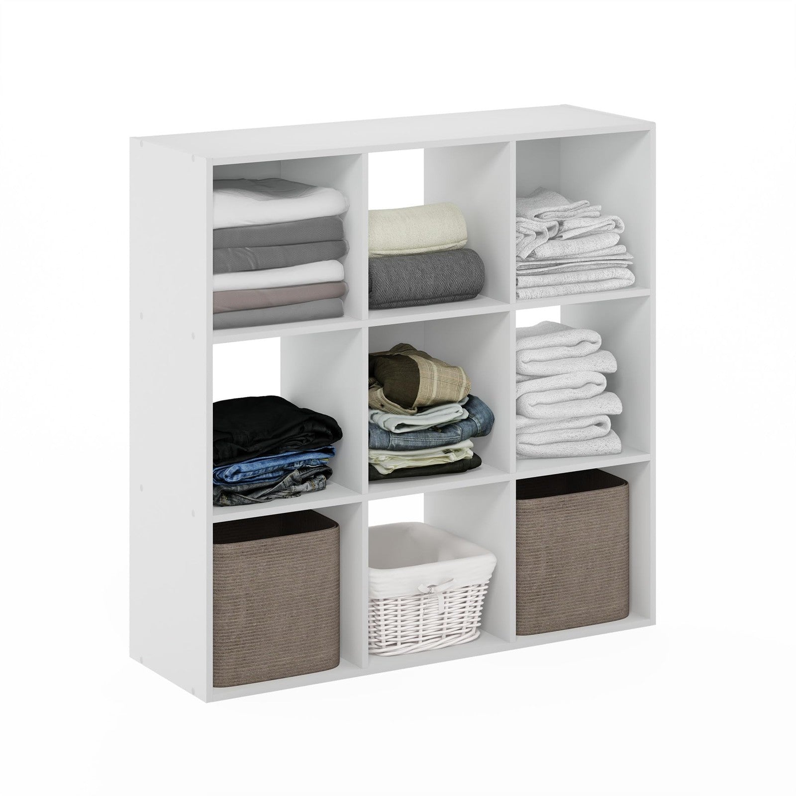 Furinno PELLI 9-cube closet organizer with open shelves for storage and organization in a modern home.