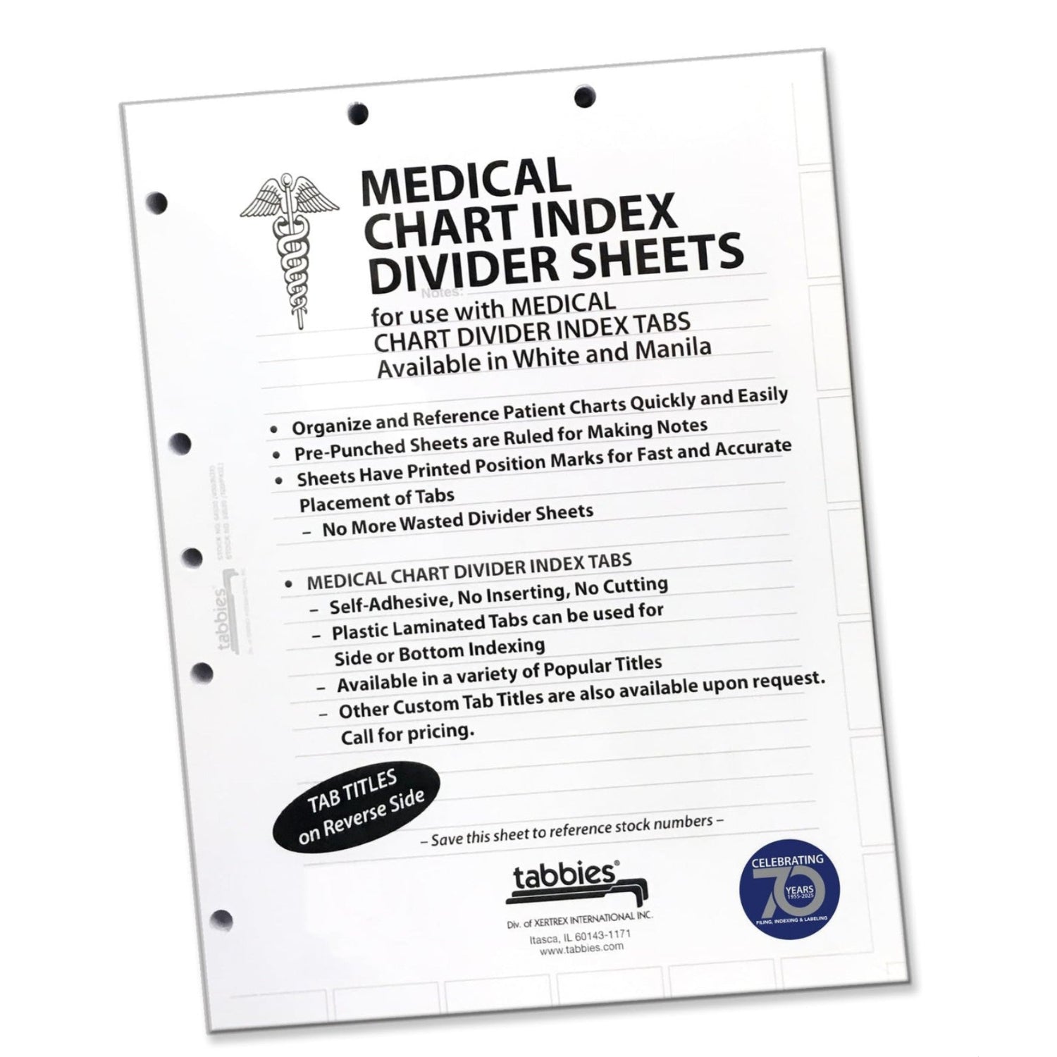 Tabbies TAB54520 medical chart index divider sheets, white, 400 sheets, organized healthcare document dividers.
