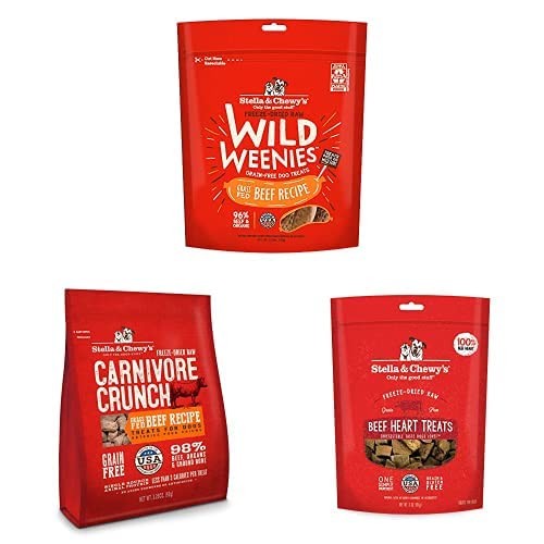 Stella & Chewy's Beef Treats bundle with three packages of single animal protein dog treats, showcasing the product packaging.