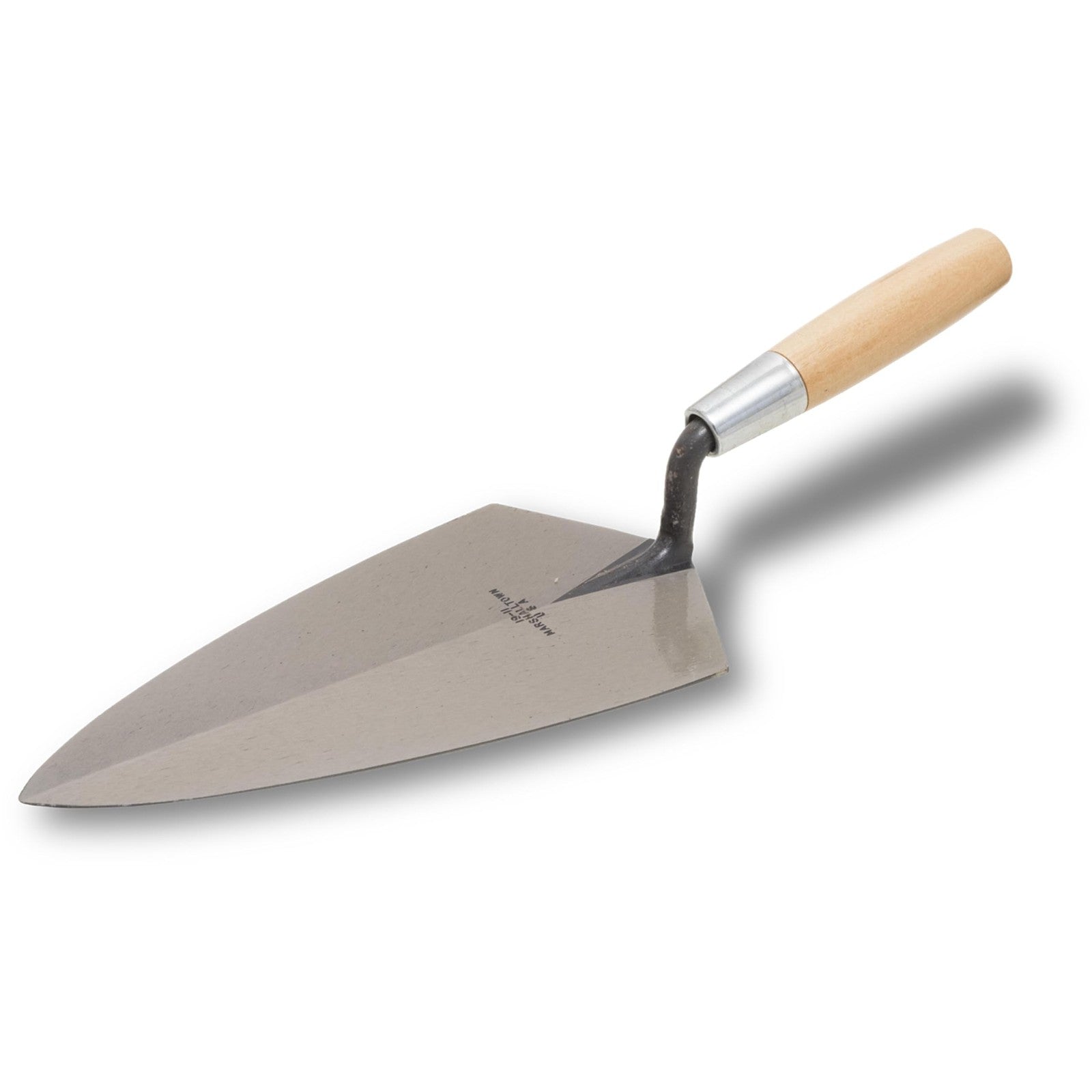 MARSHALLTOWN Philadelphia Style brick trowel with 10x5 inch blade and wooden handle for masonry work.